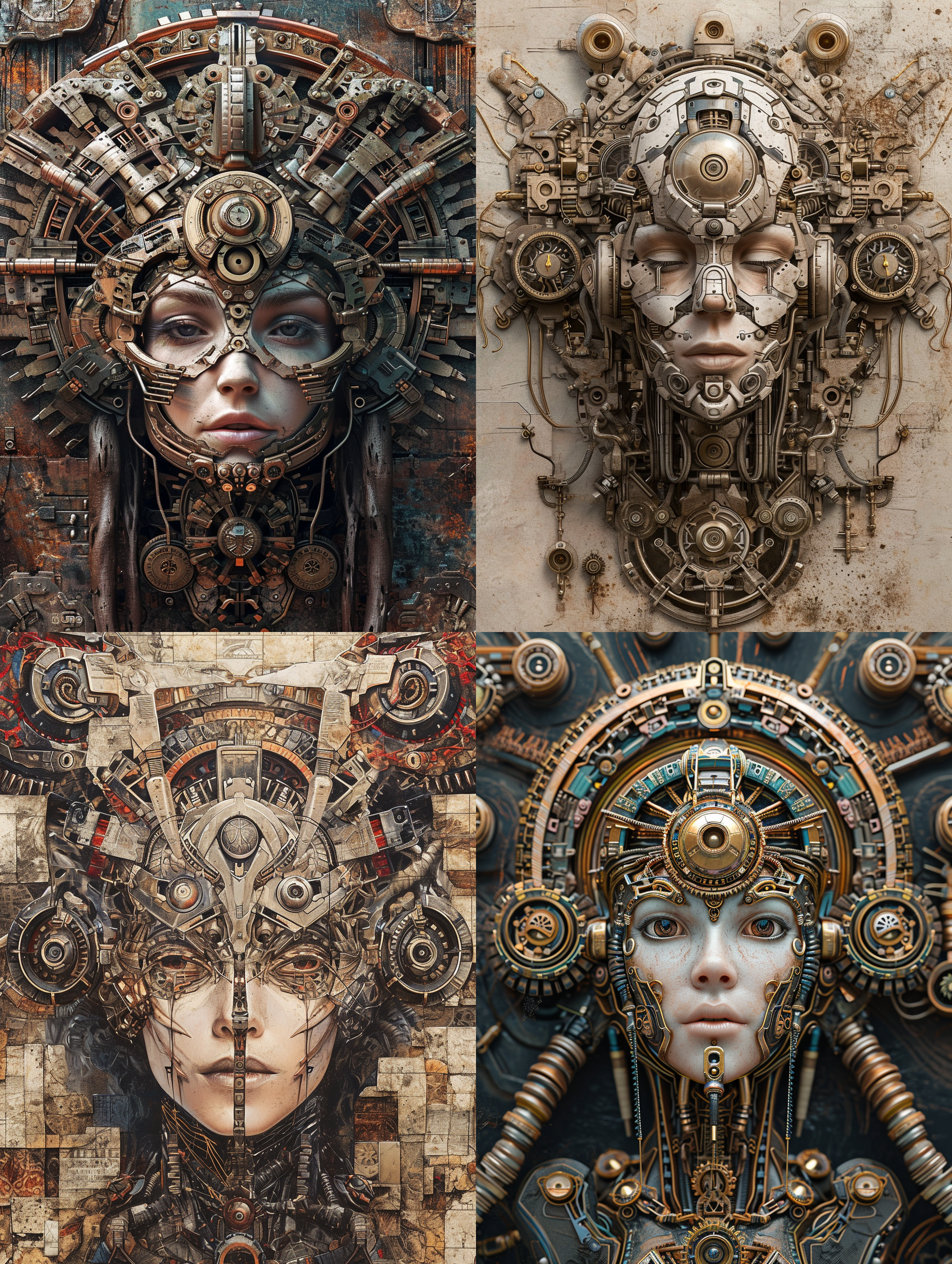 一个美丽的机械蒸汽朋克高达机器人的超逼真混合媒介肖像，美杜莎，宏伟的肖像，对称的头部，金属齿轮，阿兹特克艺术，后期处理，高度华丽复杂的细节，地平线零之曙光的风格