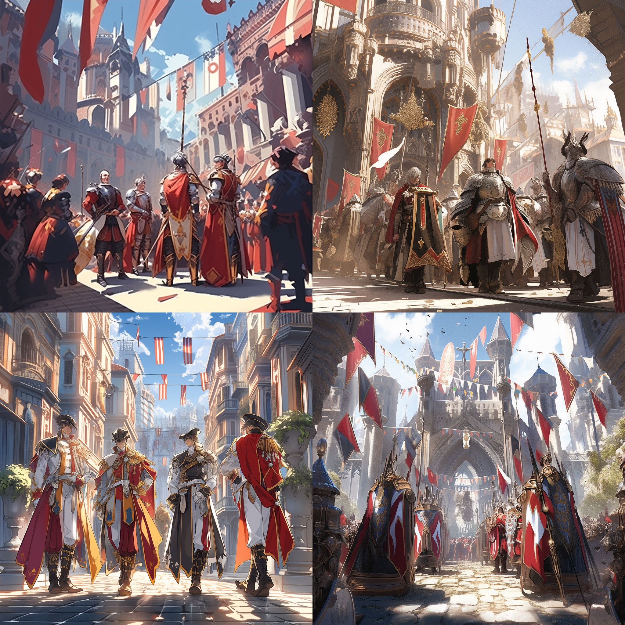 四大名捕会京师，一幅热闹喧嚣的场景。画面中，四位侠客身着华丽的官服，站在繁忙的街道上，背景是古老的建筑和人群。构图对称，色彩鲜明，使用广角镜头捕捉到细节丰富的环境。阳光照耀下的画面透露出秩序与正义的气息。