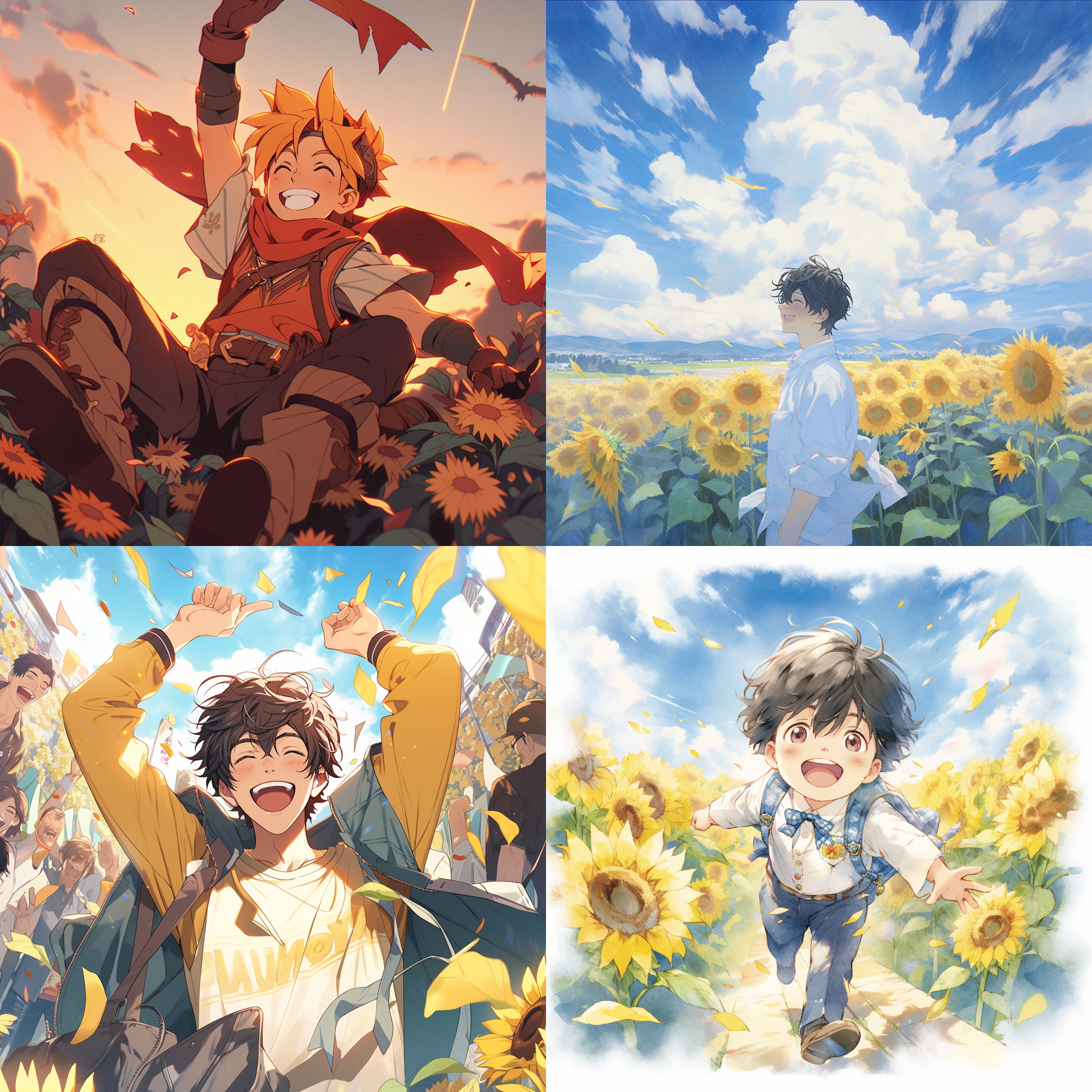 男孩奔跑在向日葵花田中，绘画风格，水彩效果，高清画质，明亮色彩，宽广视角，自然光线，快门速度快，欢快活泼，自由自在。