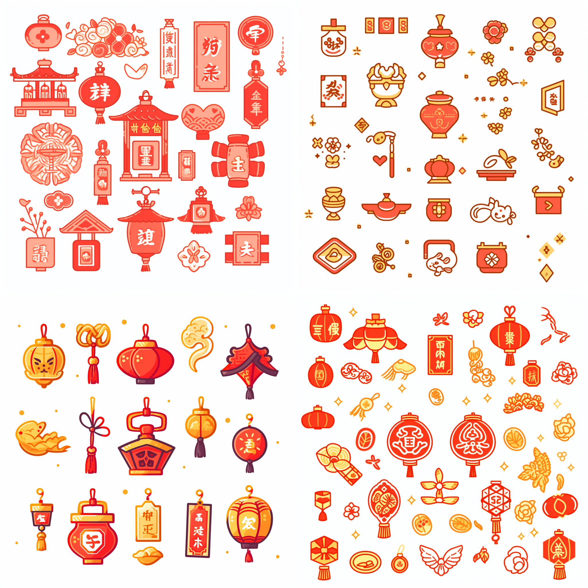 图标，小元素，16族插画矢量图，鞭炮，福袋，金元宝，金币，灯笼，红包，中国结，卷轴等元素，简约线条，白色背景