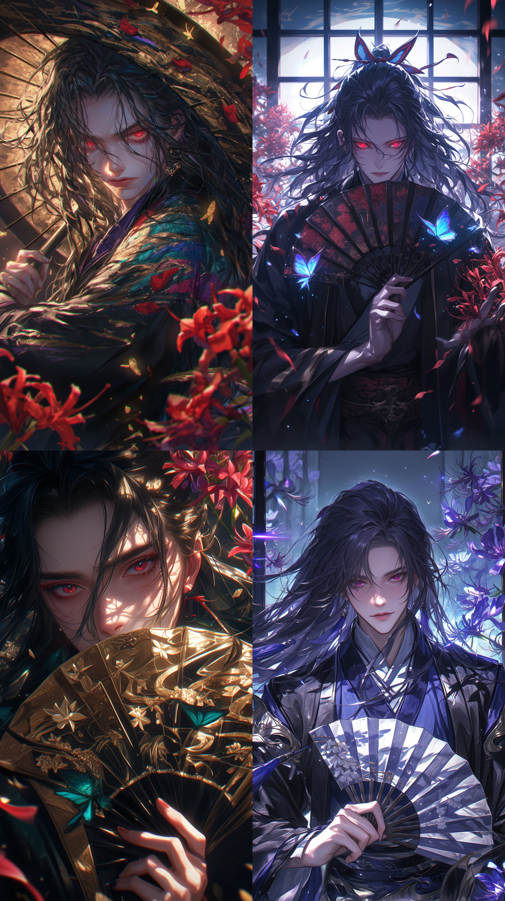 黑发长发少年，红色眼睛，华丽和服，帅气，长焦镜头，祈福舞蹈，手持折扇，悲伤，祭祀，黑暗，夜晚，彼岸花，萤火，发光