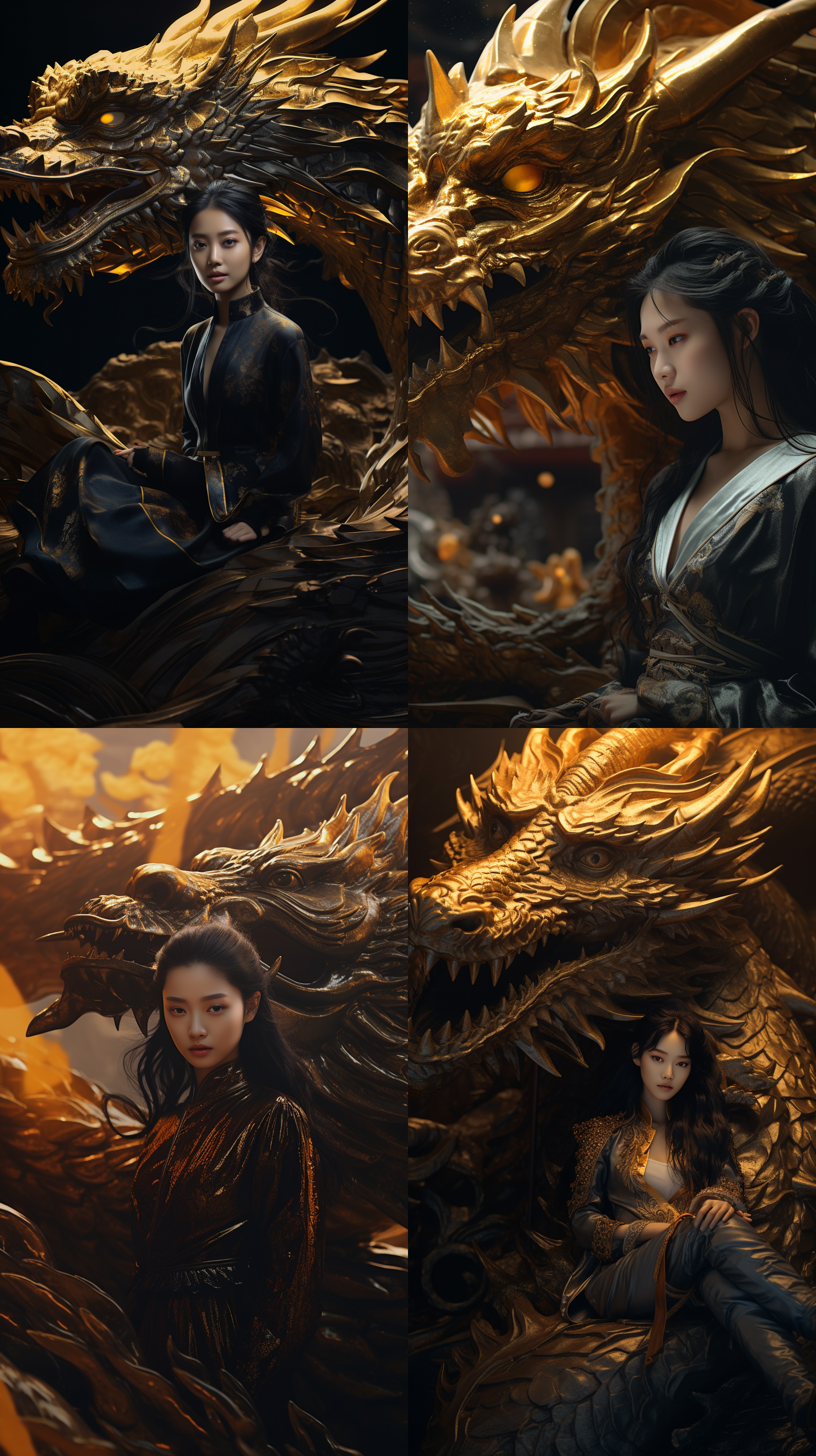 无人机视图，浮雕龙前，中国美丽女孩，18岁，黑色汉服，金色浮雕龙，梦境场景，大场景，极简主义，中国龙，c4d渲染，超现实主义，一丝不苟设计，不对称平衡，大师作品，电影灯光，超高清，精细细节，色彩分级，32k。