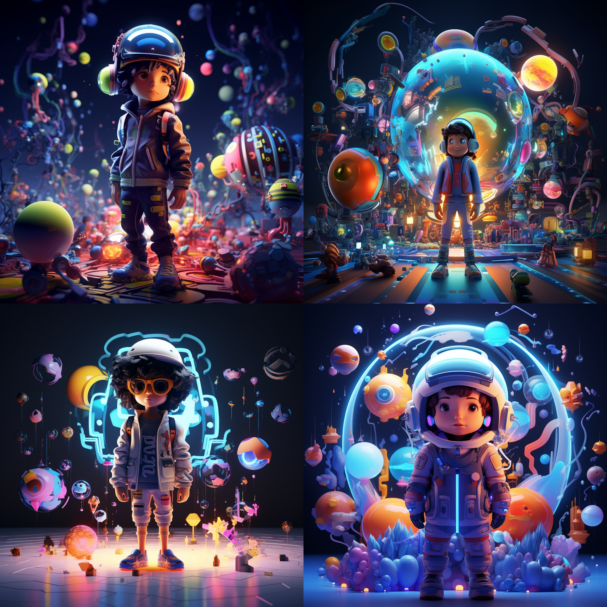 抽象卡通世界，高分辨率，可爱人物头像，帅气姿势。高动态范围，广角镜头，夜景，立体感，鲜艳色彩，霓虹灯照明，抽象，创新。
