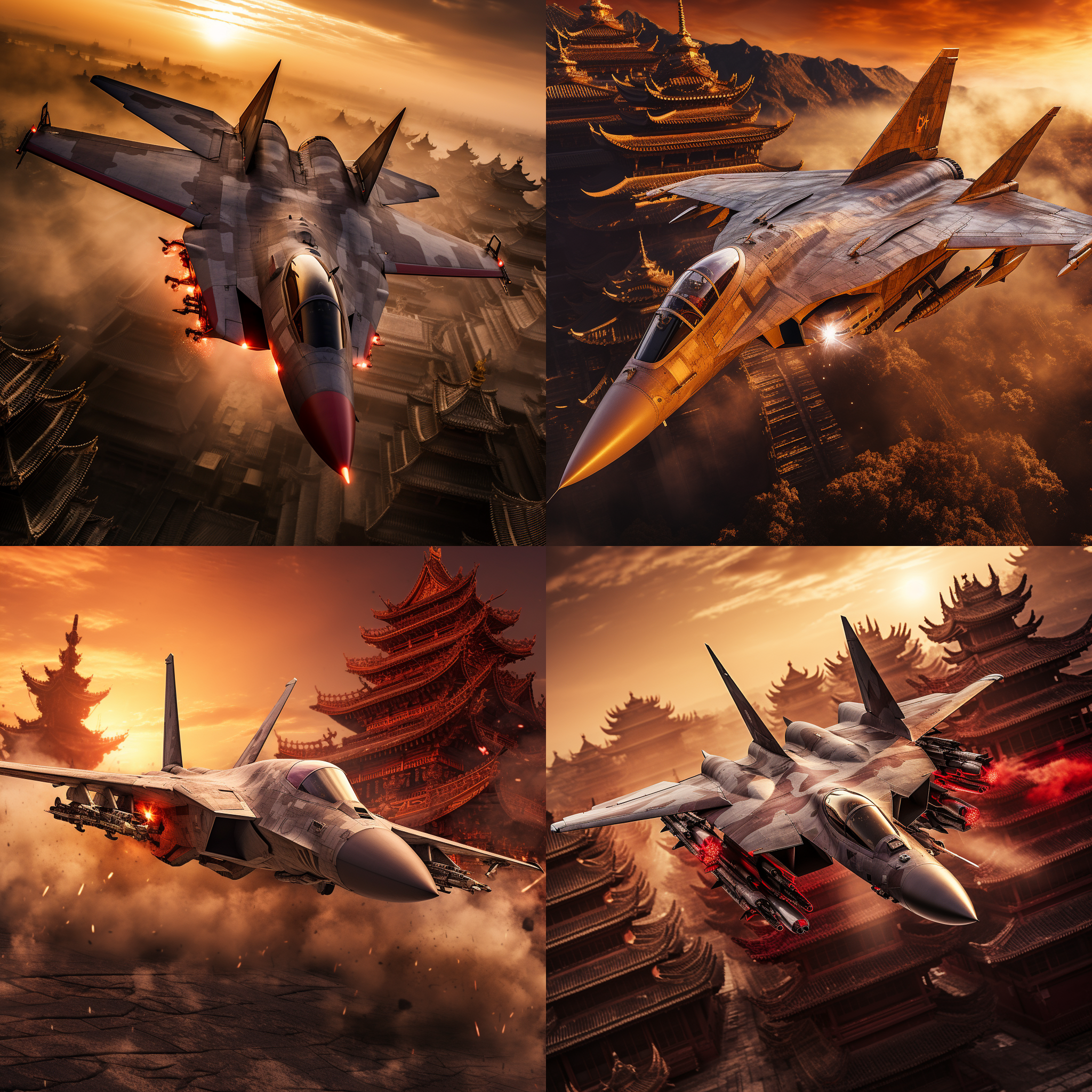 歼11a战斗机与巨龙缠斗，中国国风建筑废墟下，夕阳余晖照耀。构图对角线，环境沉浸感，高清晰度，空中动作，广角镜头，暖色调，剧烈动感，快速快门，红色主题，紧张刺激。