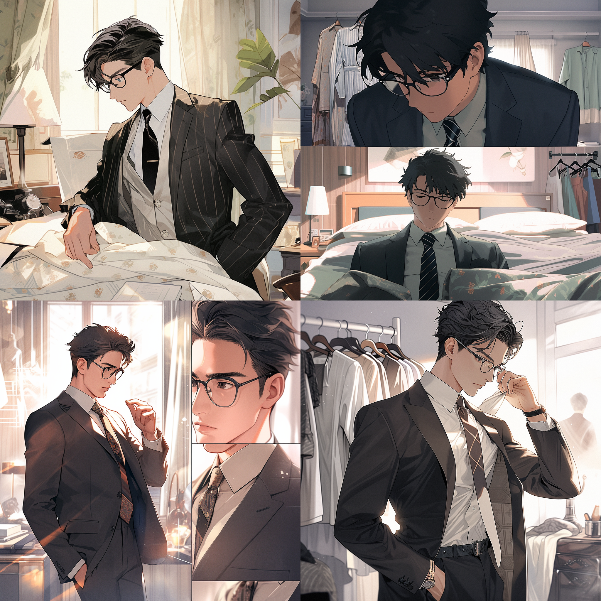 卧室场景 二十多的男人，西装，衬衫，高级感，黑色短发，眼镜，侧脸，高度精致，kimi no na wa风格，细致的面部细节，甜美，画面明亮，高度细致，大师之作，8k，高清