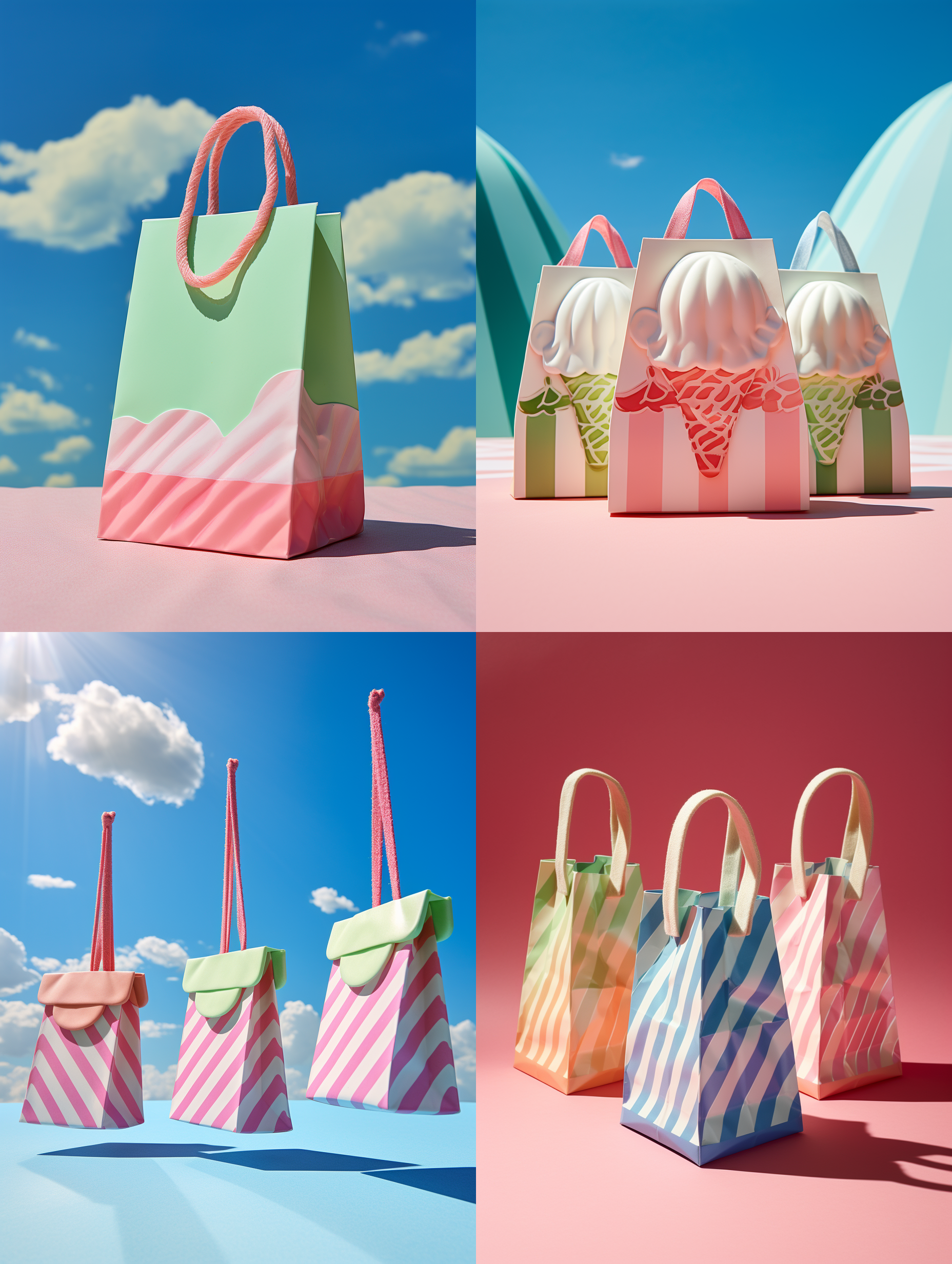 雪糕包装袋，复古风格，明亮色彩，纸质材质，立体感，拍摄于户外，鲜艳的粉色和蓝色相互映衬，夏日阳光下的阴影，背景是绿树和蓝天，简洁而有趣，引发愉悦和怀旧情绪。