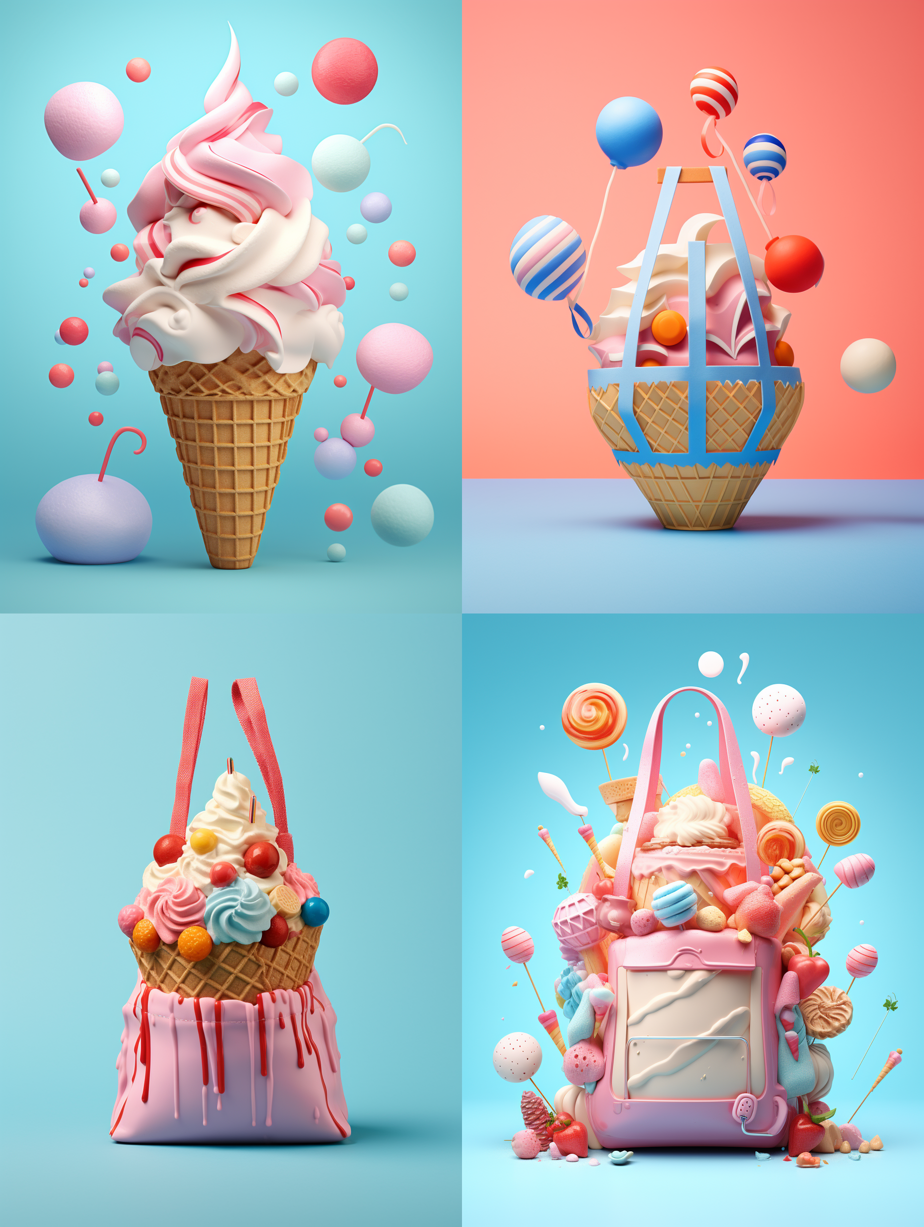 雪糕包装袋，户外拍摄，复古风格，明亮色彩，纸质材质，立体感，鲜艳的粉蓝色，简洁有趣，愉悦怀旧，纯色背景，广角镜头，高饱和度，轻松自然，温暖光线，唤起童年回忆。