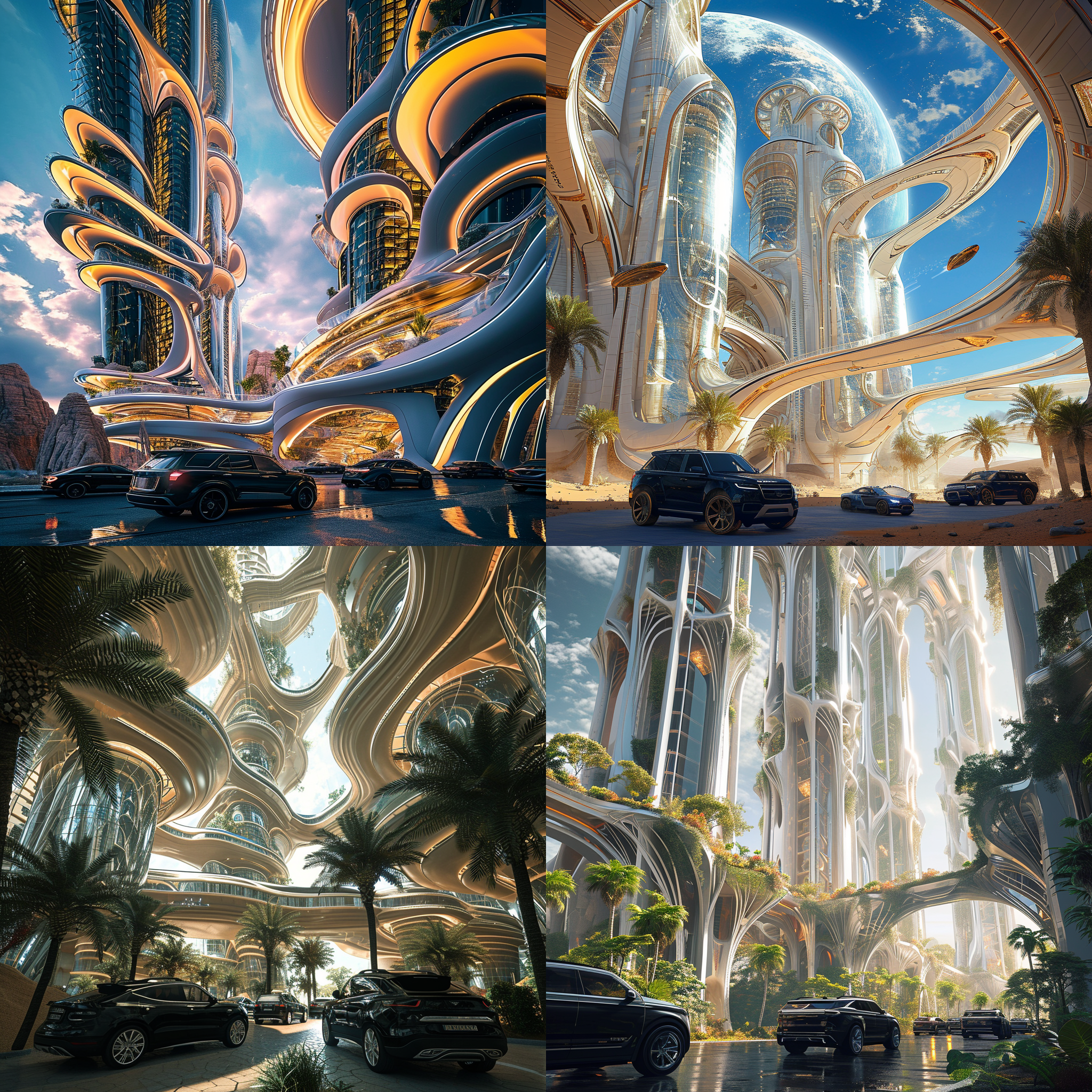 绿洲中的未来科技感大厦，高耸天际，黑色suv穿梭其中，自然光照射，广角镜头，现代风格，立体构图，明亮色调，活力四溢。