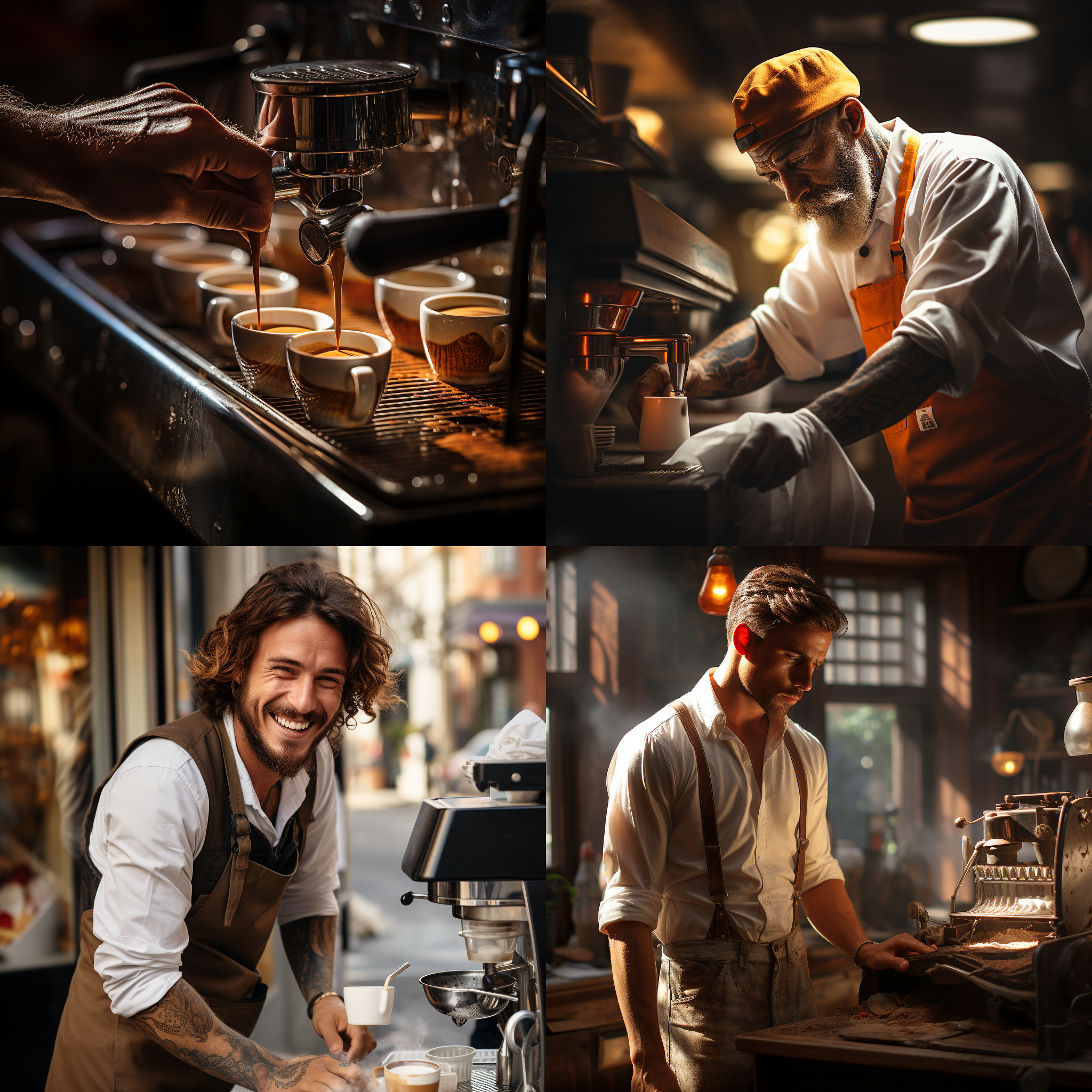 咖啡馆内部环境充满情感，男性咖啡师正在制作卡布奇诺咖啡。影像质感强烈，细节精致。拍摄角度广阔，充满时光感。使用高质量的镜头捕捉细节。咖啡馆的氛围温暖舒适，色调鲜明。灯光柔和而明亮，突出主题。动态感强，表现男性咖啡师的专业技能和激情。