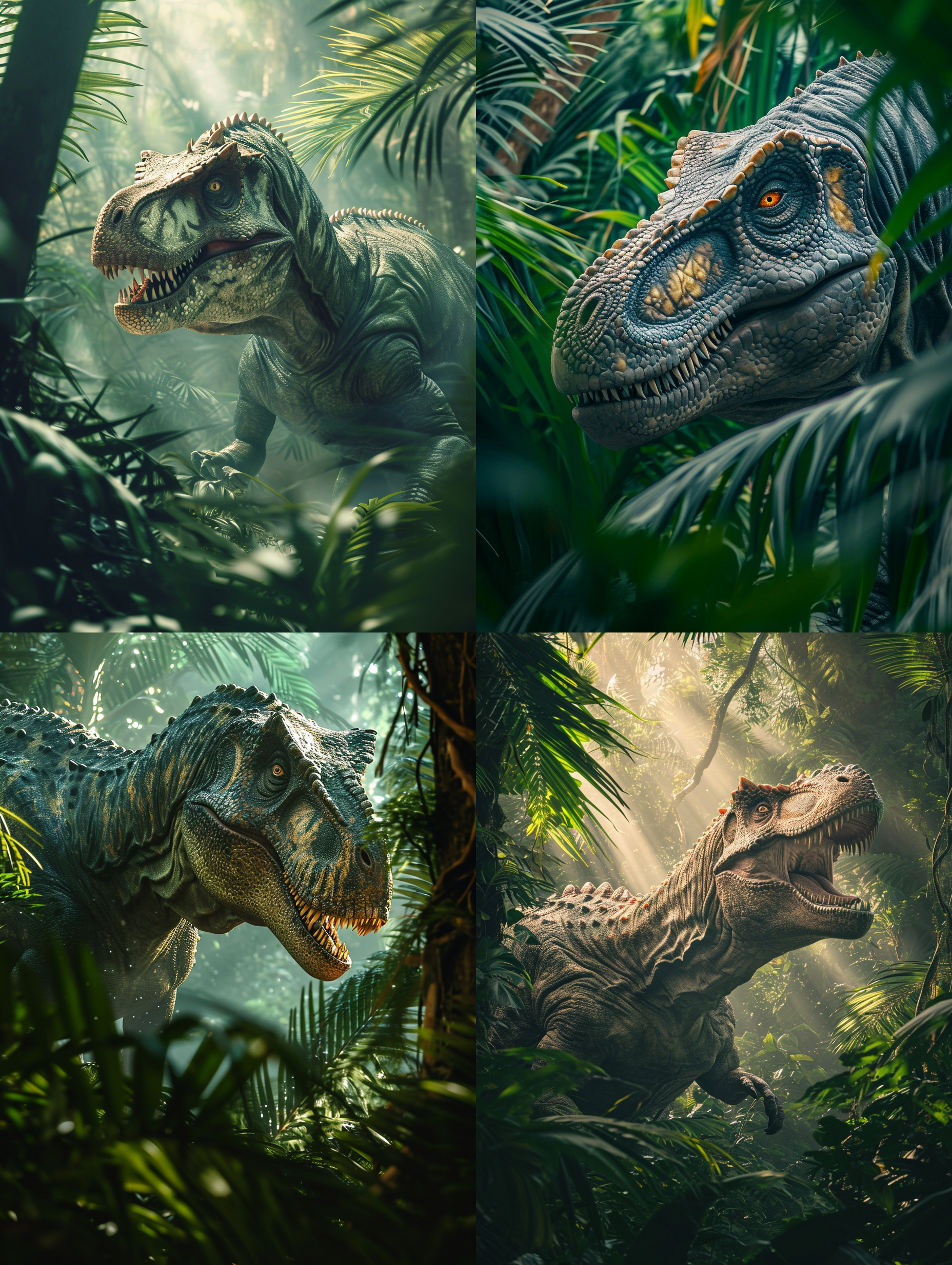 侏罗纪时期的ceratosaurus，巨大的肉食性恐龙，站在茂密的丛林中。图像采用饱和度高、明亮的色彩，展现着原始的环境。使用长焦镜头捕捉到ceratosaurus的细节，强调其角和锋利的牙齿。光线透过树叶洒在它身上，营造出神秘而令人敬畏的氛围。