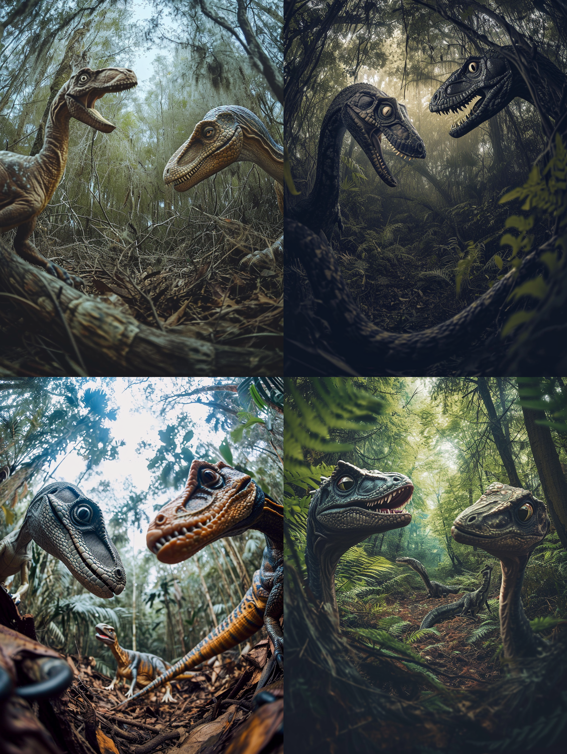 侏罗纪oviraptor和conchoraptor在森林中对峙。构图对称，远景展示茂密的古代森林。使用鱼眼镜头，突出环境的广袤感。光线柔和，营造神秘氛围。oviraptor和conchoraptor互相对视，姿态威武凶猛。色调偏暗，增强恐龙的原始感。