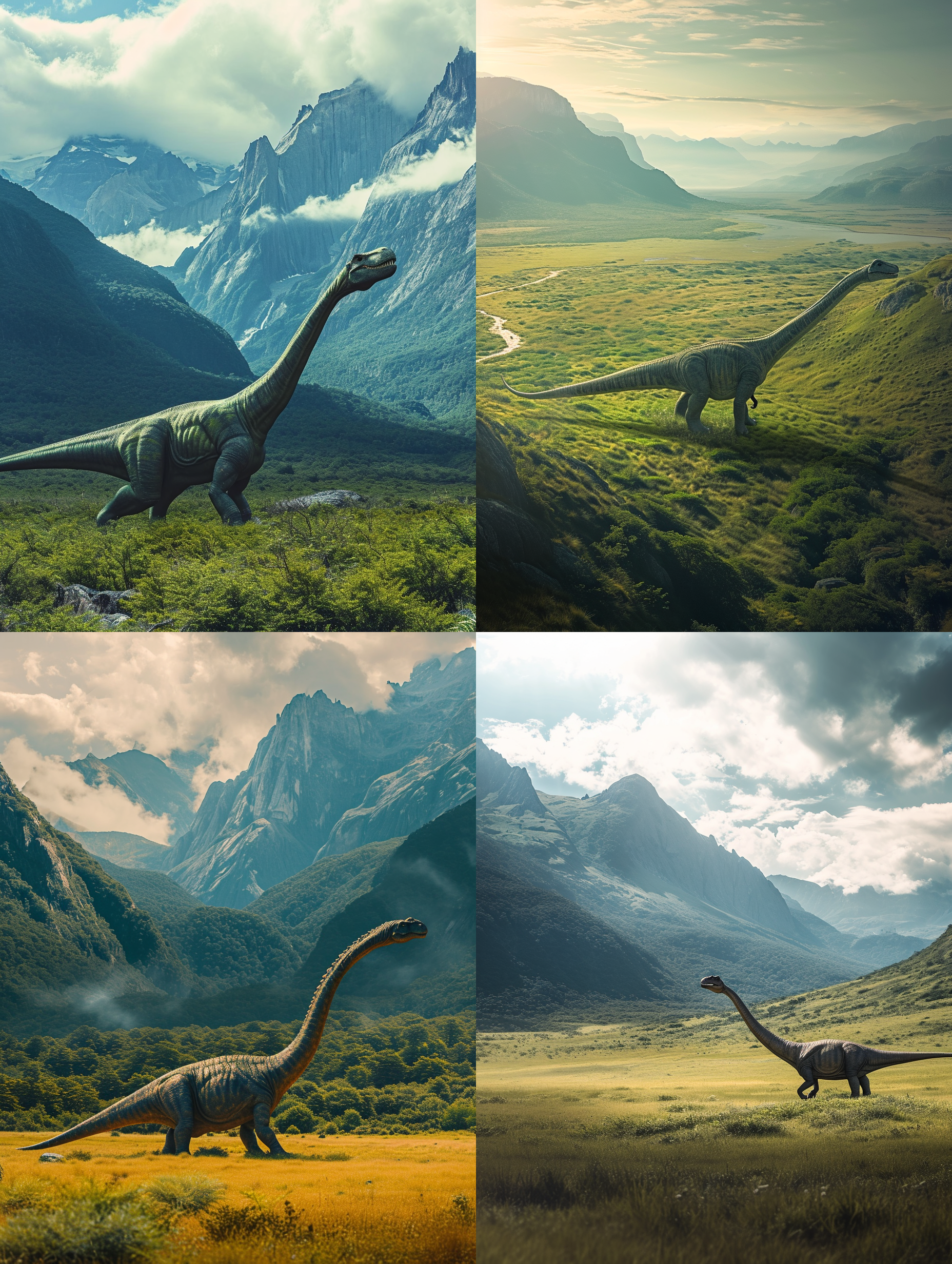 argentinosaurus在侏罗纪的场景中，呈现出壮丽的景象。它站在一片广阔的草原上，周围是高耸的山脉。照片采用鸟瞰视角，以凸显其巨大的体型。使用长焦镜头捕捉细节，光线柔和而明亮，营造出宁静而神秘的氛围。颜色以自然的绿色和褐色为主，表达出强烈的力量感和令人敬畏的情感。