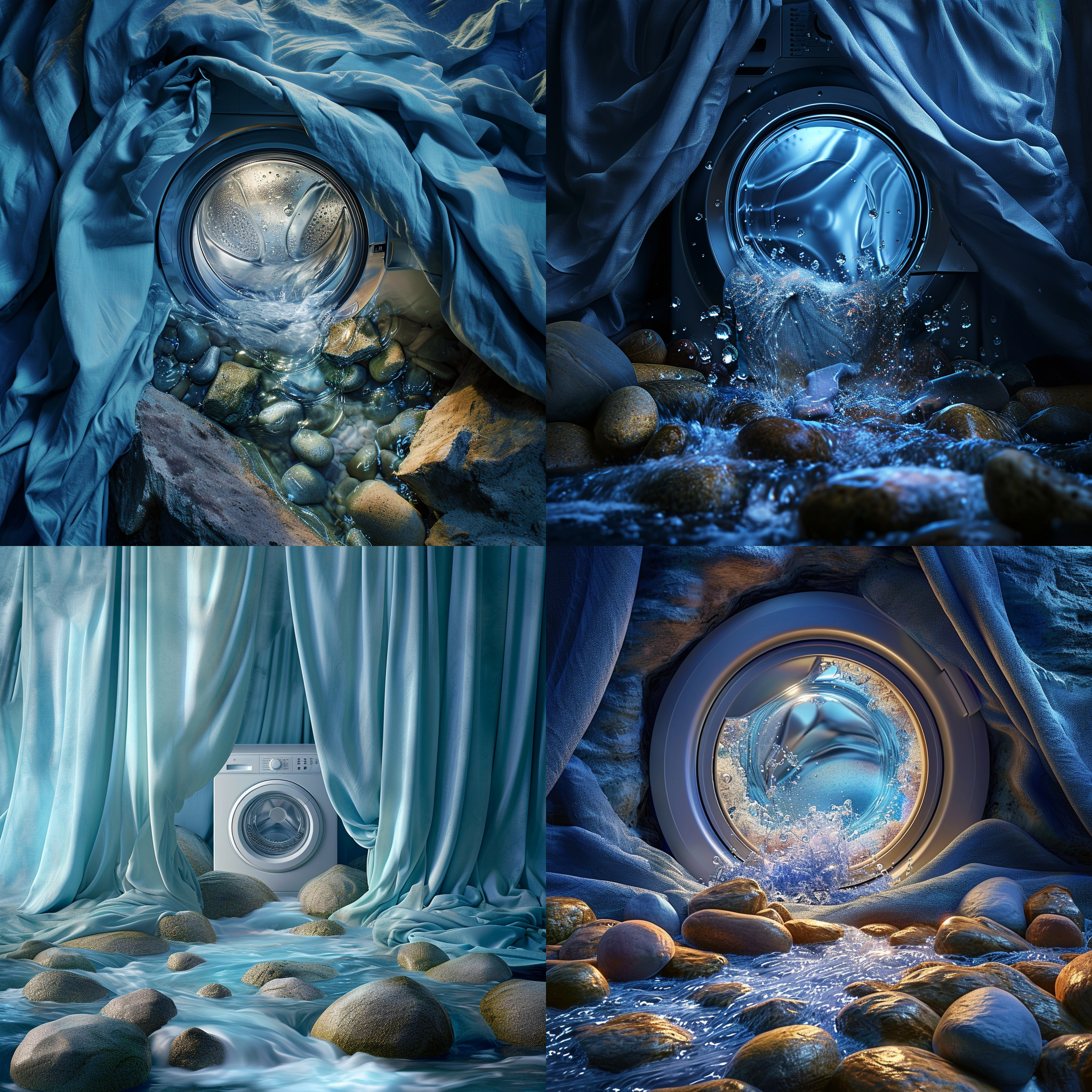洗衣机，布料环绕，洗衣机下面是石头，石头周边是水流，对角线布局，清晰细节，环境光，石头质感，动态，蓝色调，宁静。