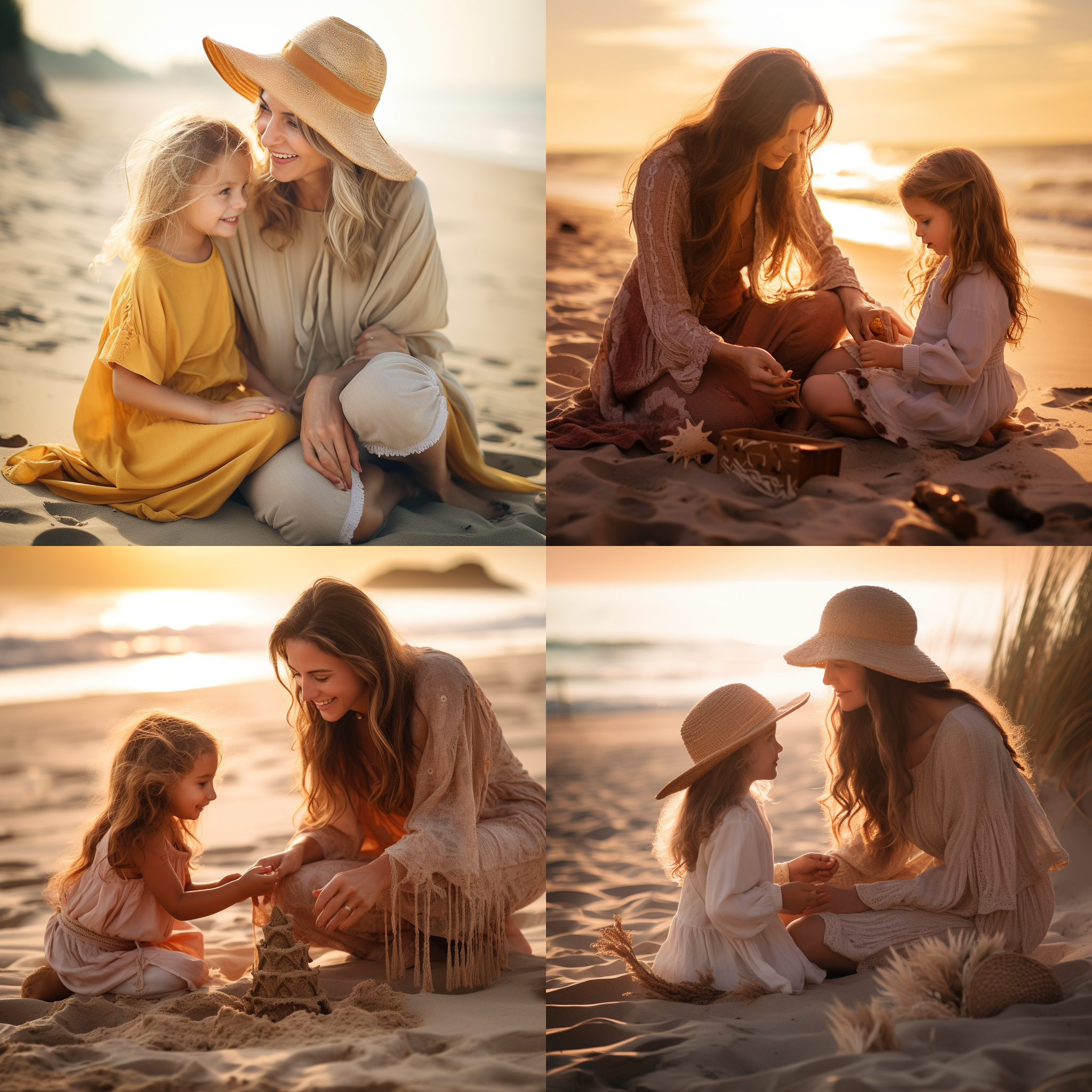 母女在海滩上，沙地为主题，柔和明亮的阳光，宽容的色调，长焦镜头，背光，嬉戏，亲密，温馨。