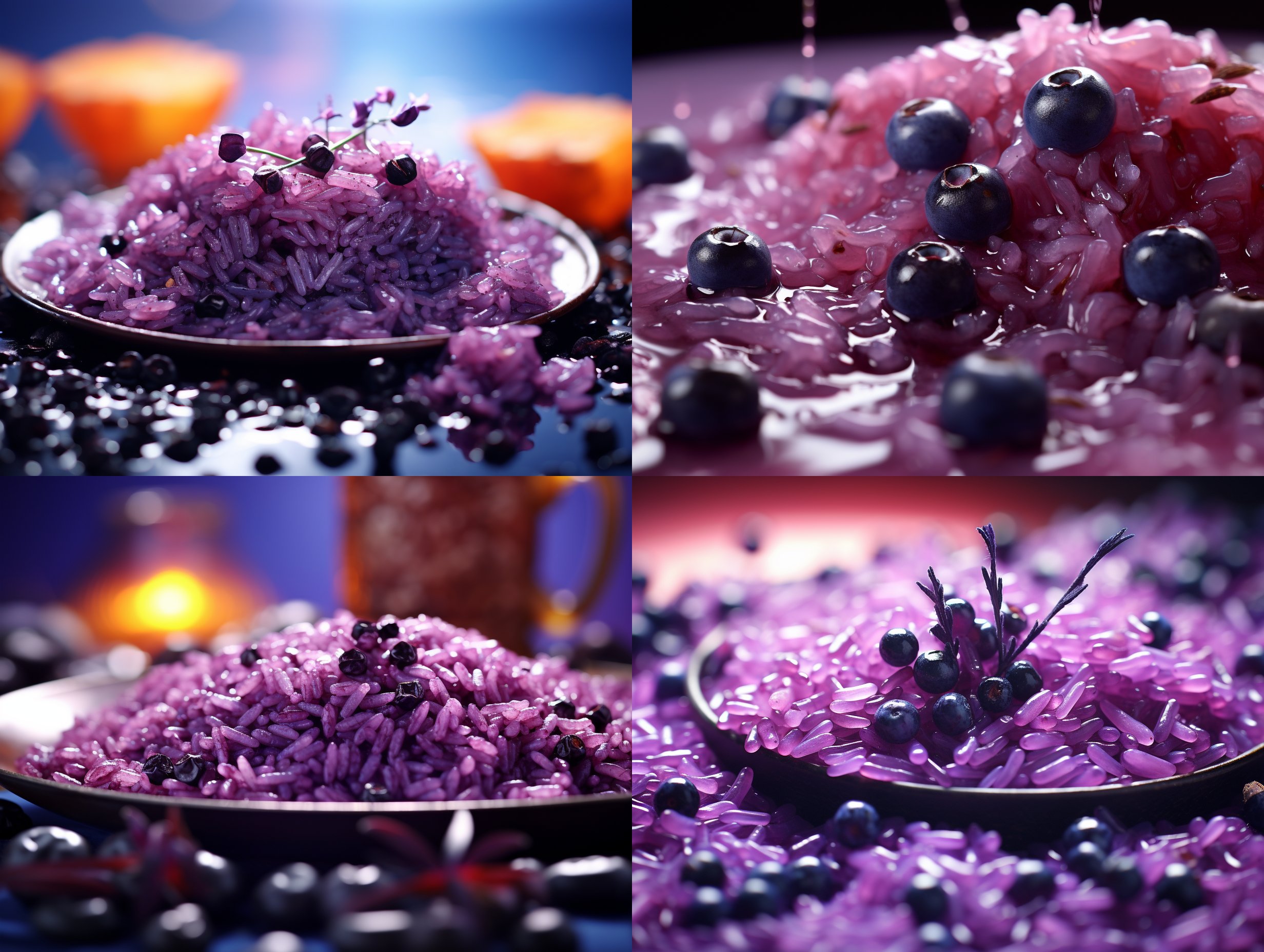 紫色米，蓝莓酱，紫米酱，流动感，正中构图，明亮环境，微距镜头，柔光，温暖色调，细节丰富，鲜艳颜色，诱人。