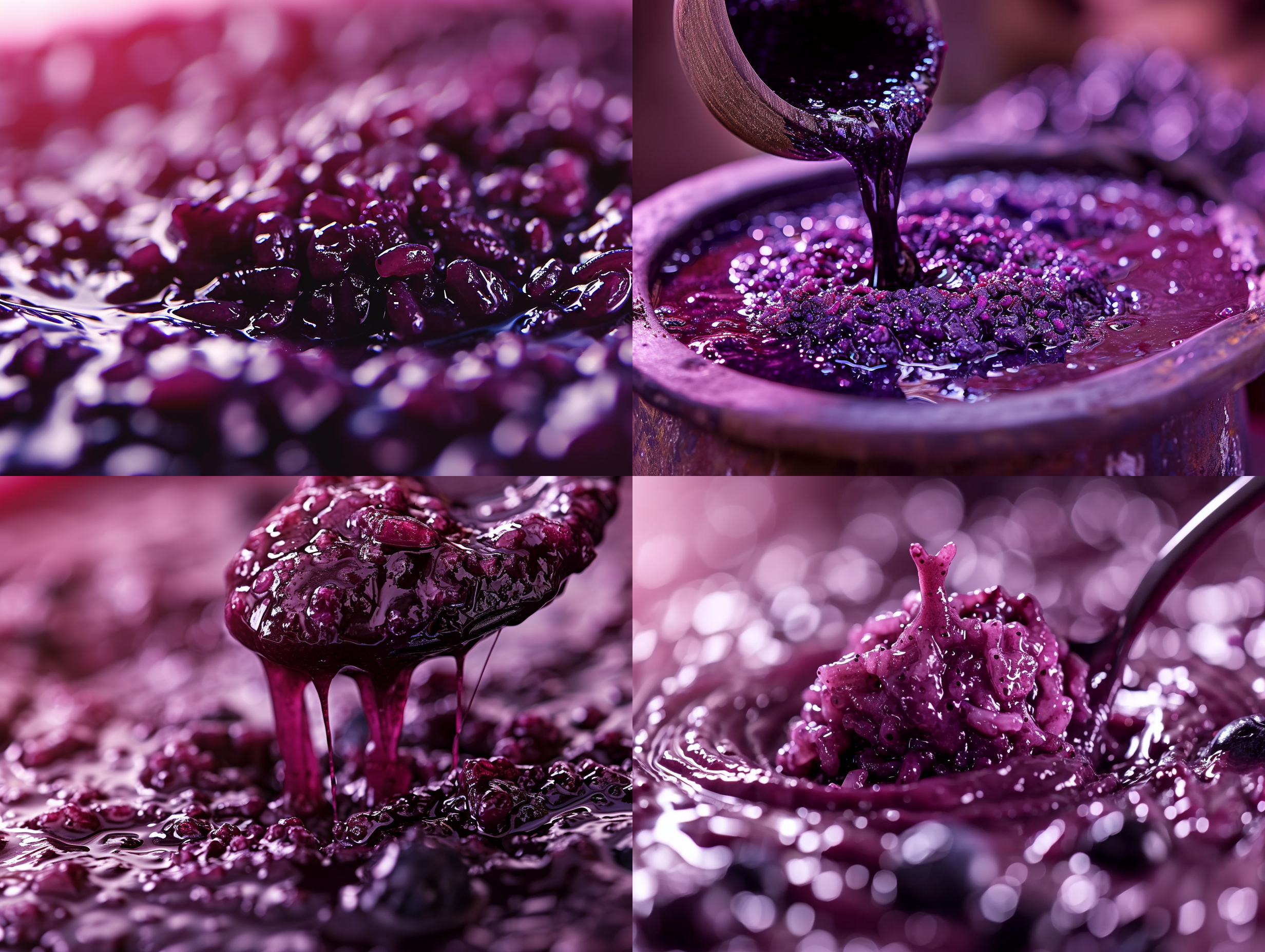 紫色米，蓝莓酱，紫米酱，流动感，正中构图，明亮环境，微距镜头，柔光，温暖色调，细节丰富，鲜艳颜色，诱人。 