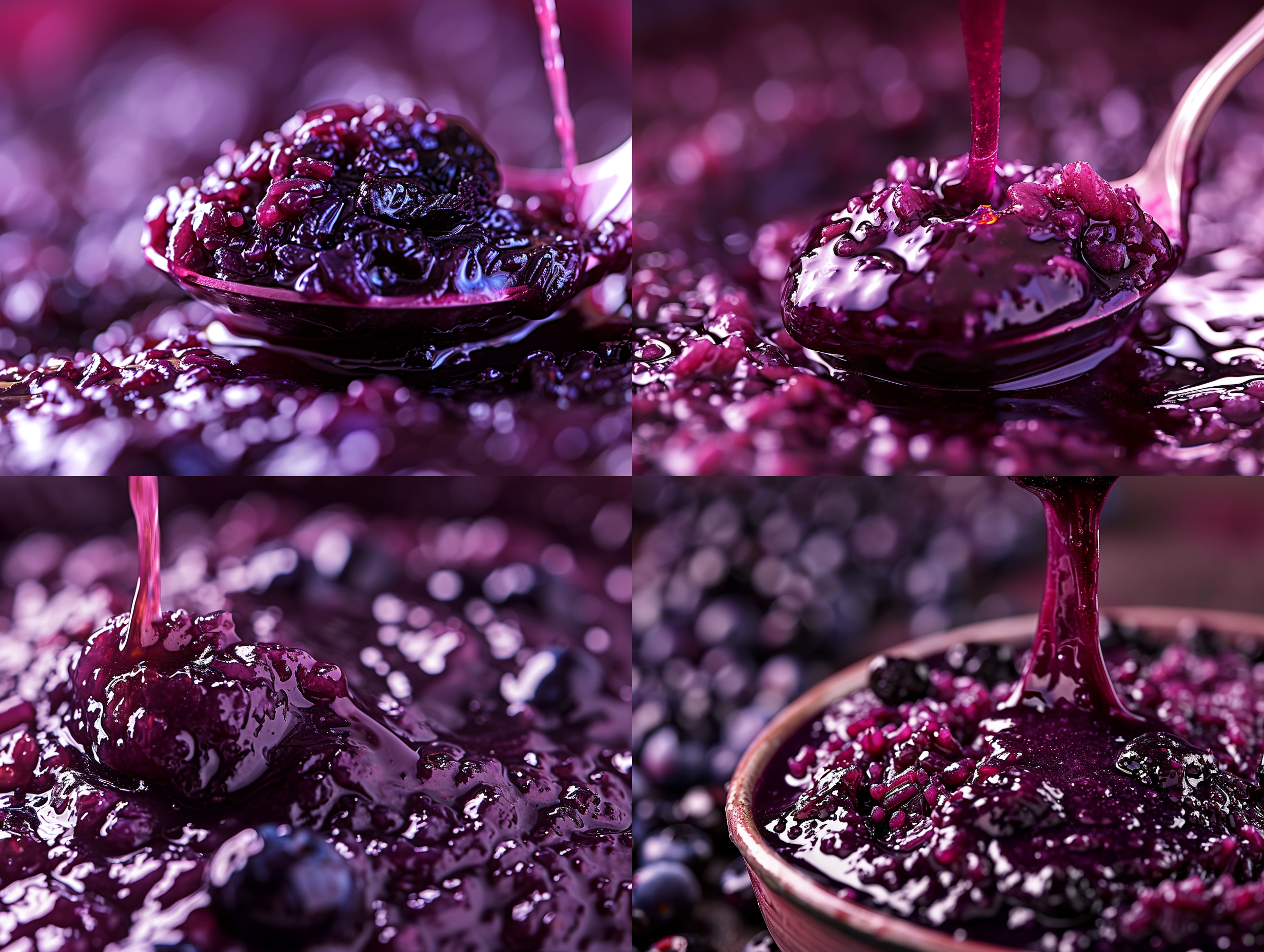 紫色米，蓝莓酱，紫米酱，流动感，正中构图，明亮环境，微距镜头，柔光，温暖色调，细节丰富，鲜艳颜色，诱人。 