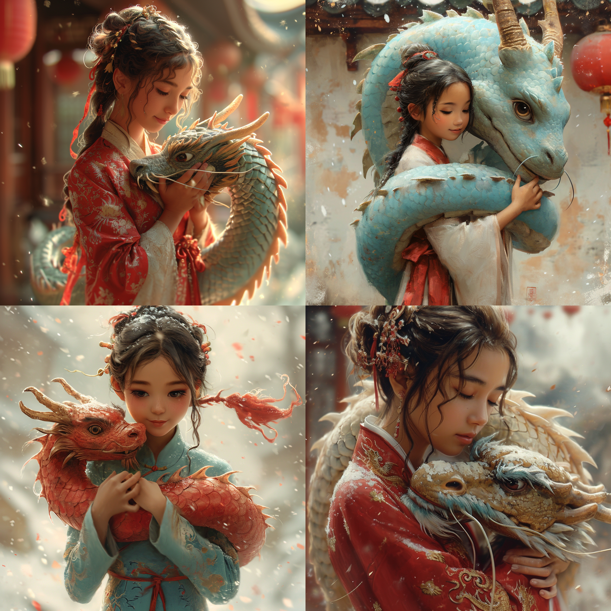 women embrace a cartoon dragon" adopts the style of bryce3d, he jiaying, and steve henderson, featuring light red, cute and colorful, storytelling, and traditional chinese culture