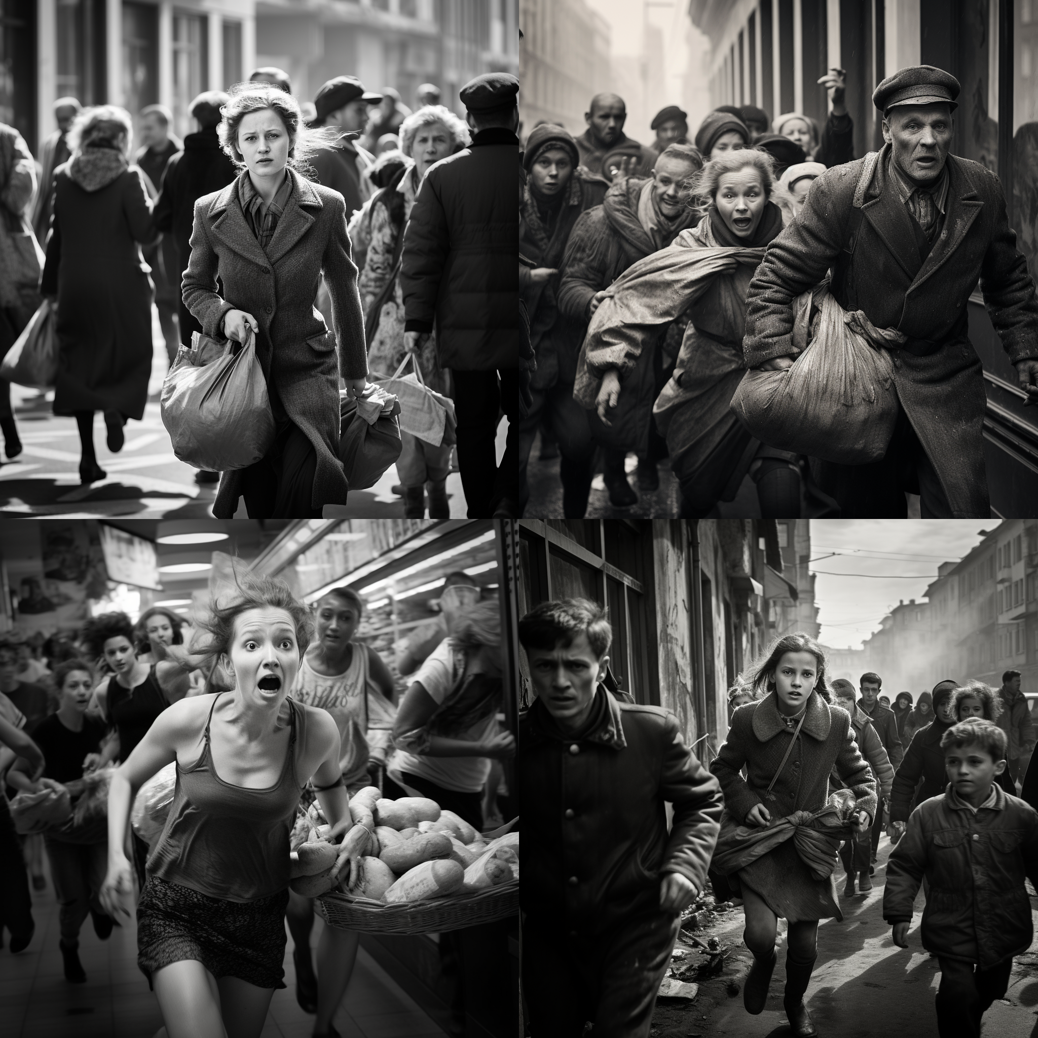 多人抢购面包，战争场景，黑白摄影风格，拥挤的街道，长焦镜头，高光与阴影，拼命奔跑，紧张氛围，俄罗斯民众，情感激烈。