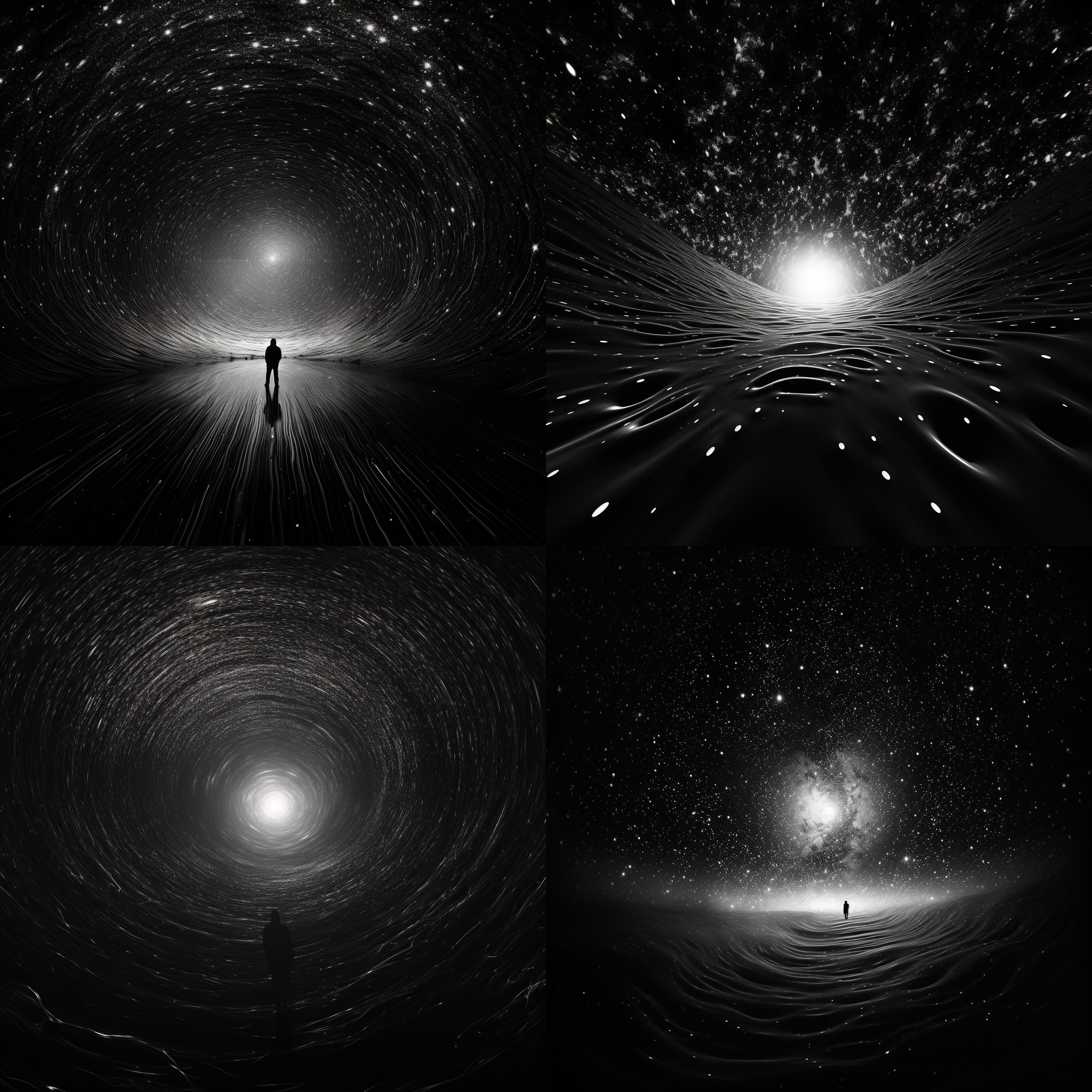 身后有一个黑洞，构图简洁对称，黑白风格，太空背景，鱼眼镜头，逆光拍摄，星光闪烁，漂浮动作，神秘感，恐惧。