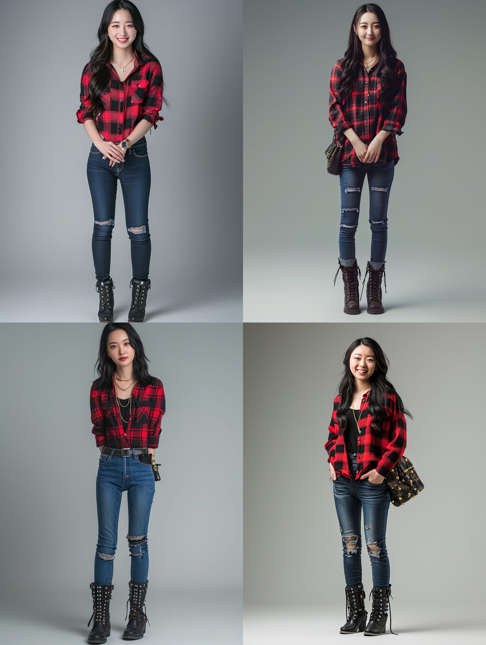 a beautiful girl,25-years-old,chinese,smile,red and black plaid shirt,fitted jeans,ankle boots,gold necklace,textured rivet bag,studio,gradient grey background,front view,full body,long shot,portrait,symmetric,rembrandt lighting,ultra realistic