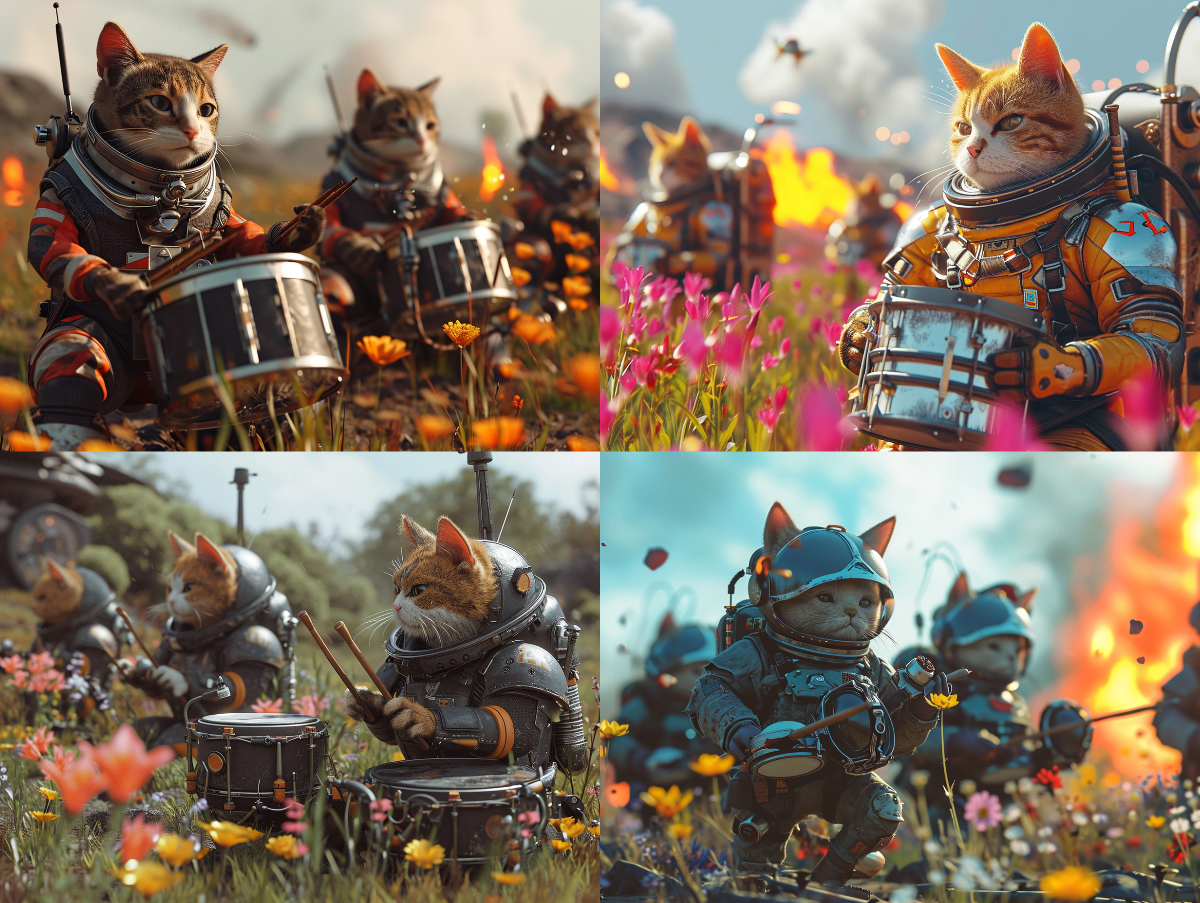 穿着太空服的猫兵在田野上打鼓，旁边有春花和燃烧的坦克。虚幻引擎，超真实 动画艺术