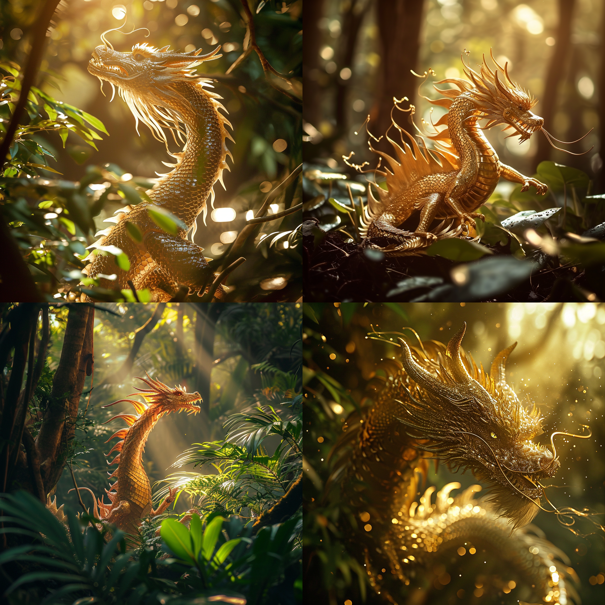 亚洲龙闪烁着金色光芒，展示其壮丽的身姿。它在茂密的热带雨林中自由穿行，背景是葱绿的树叶和细密的阳光穿透的光斑。镜头使用长焦距以突出龙的细节，并捕捉到其优雅的动态。照片中的龙显得威严而神秘，给人一种令人敬畏的感觉。亚洲龙，热带雨林，金色光芒，长焦距，动态，威严，神秘，绿色，阳光，光斑，敬畏。