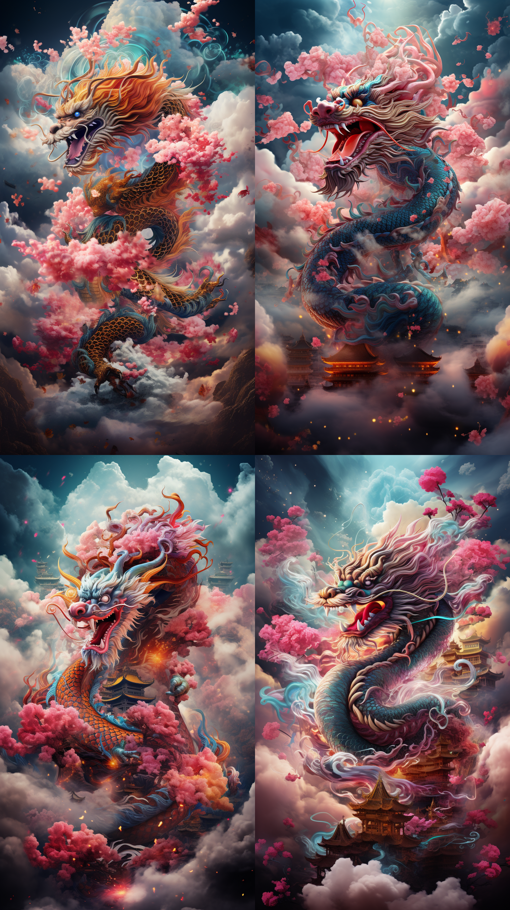 中国龙，腾云驾雾，红色主题，卡通风格，构图完整，柔和光线，丰富色彩，友善眼神，可爱活泼，鞭炮，灯笼，浑身龙鳞，喜庆氛围。