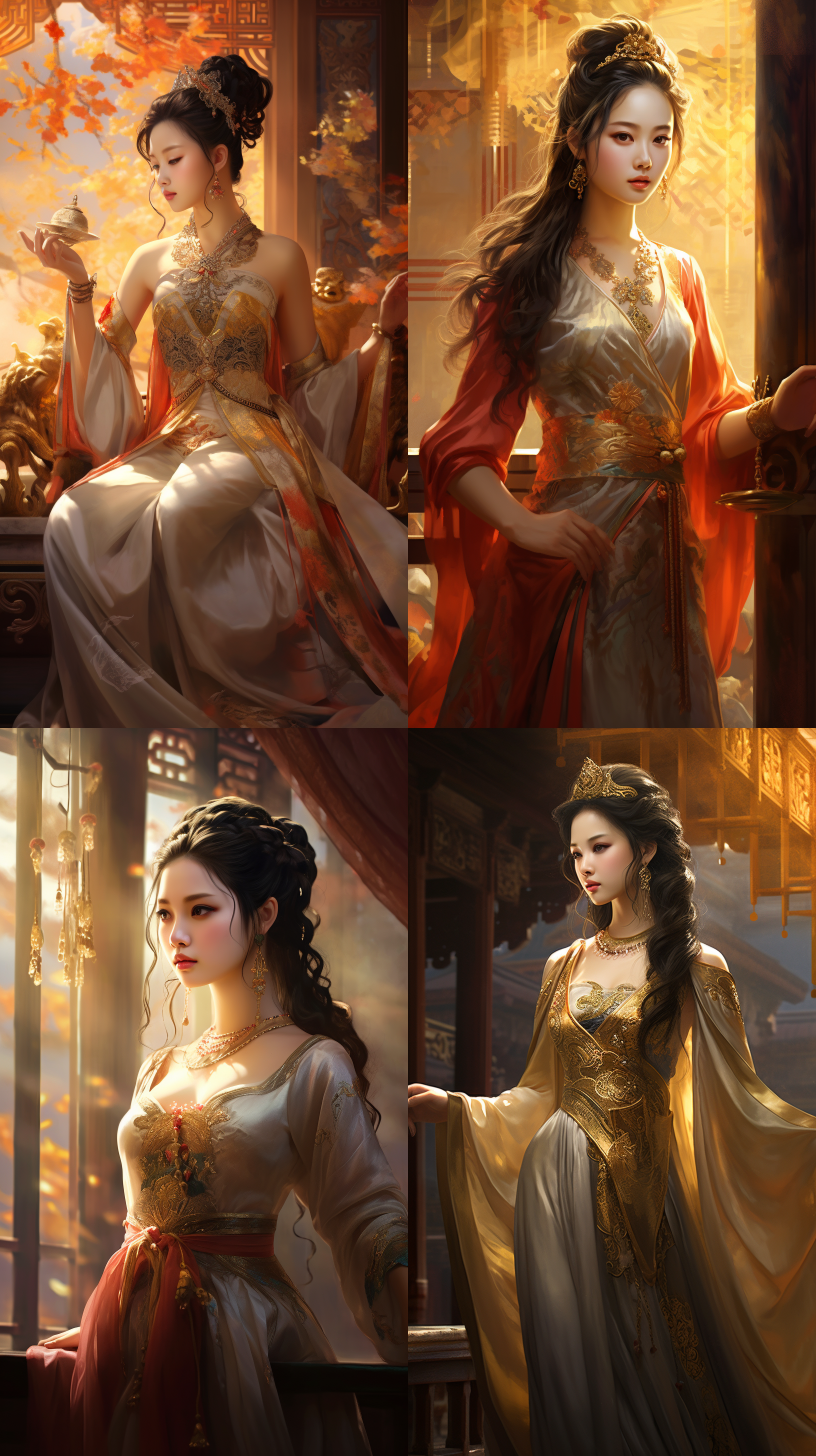 中国女孩，古装，宫殿，仪态优雅，端庄宁静，华丽的细节，金碧辉煌，光影交错，柔和的色调，舞袖飘逸，扇子舞动，微笑自信，温婉高贵。