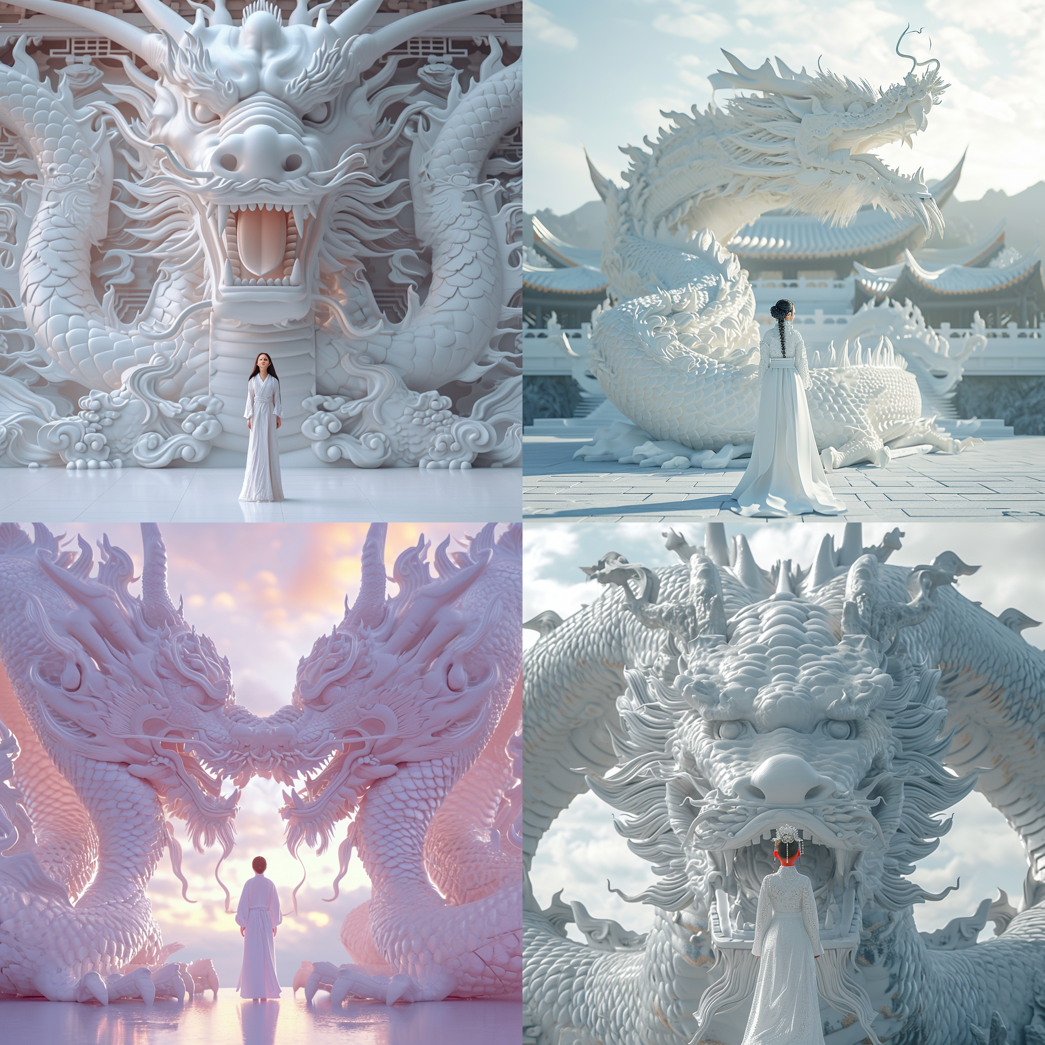 drone view,in front of the relievo dragon stands a chinese beautiful girl,12 years old,white,wearing a gorgeous hanfu,white,chinese relievo dragon,dream scene, grand scene,minimalism,chinese dragon,c4d rendering,surrealism,meticulous design, asymmetrical balance,master works, movie lighting, ultra hd, fine details, color grading,32k