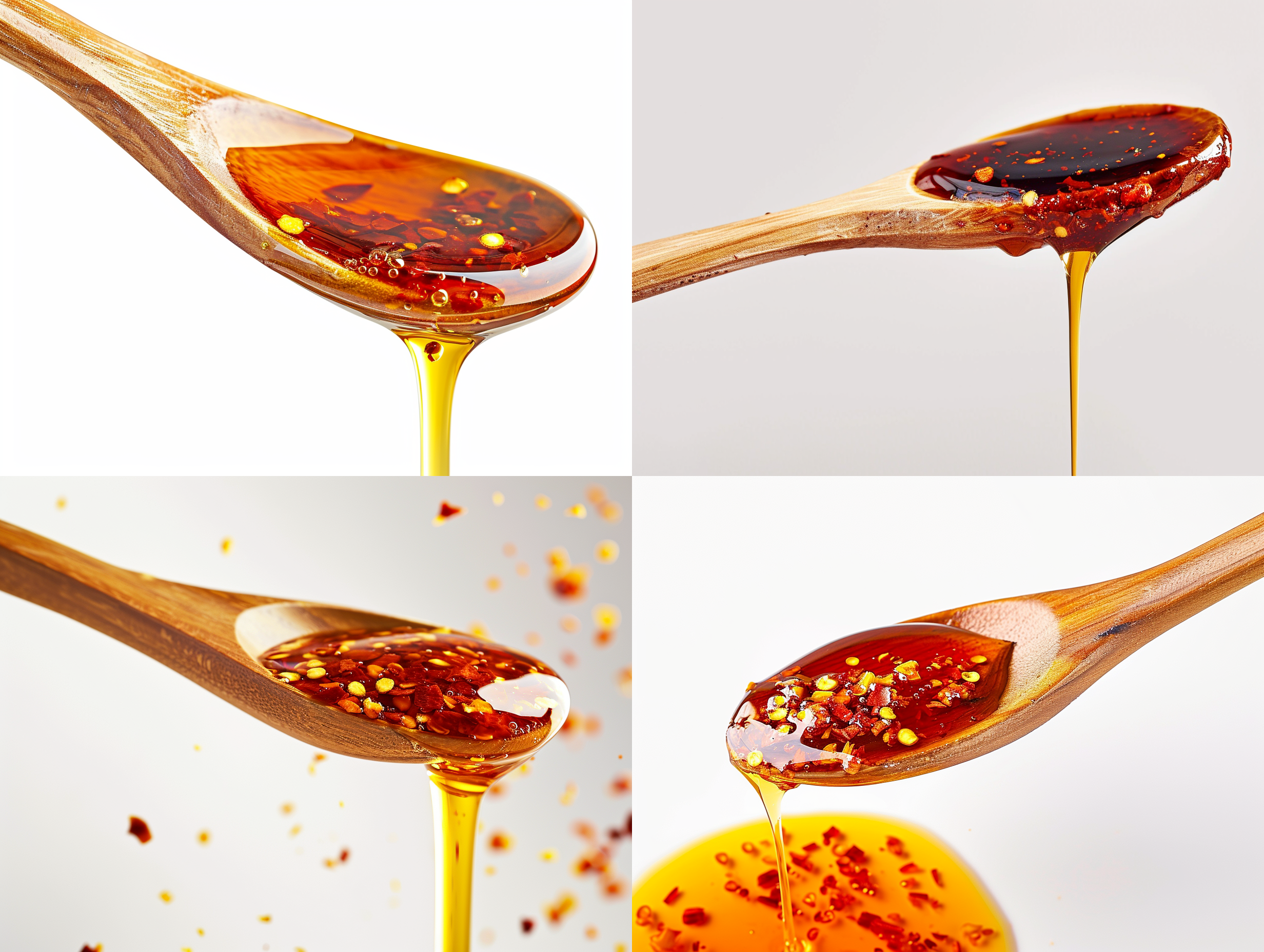 木头材质的勺子，舀起的辣椒油，流出来，白色背景，细节清晰，浅景深，自然光，顶光，滴落动作，纹理，暖色调，温馨。