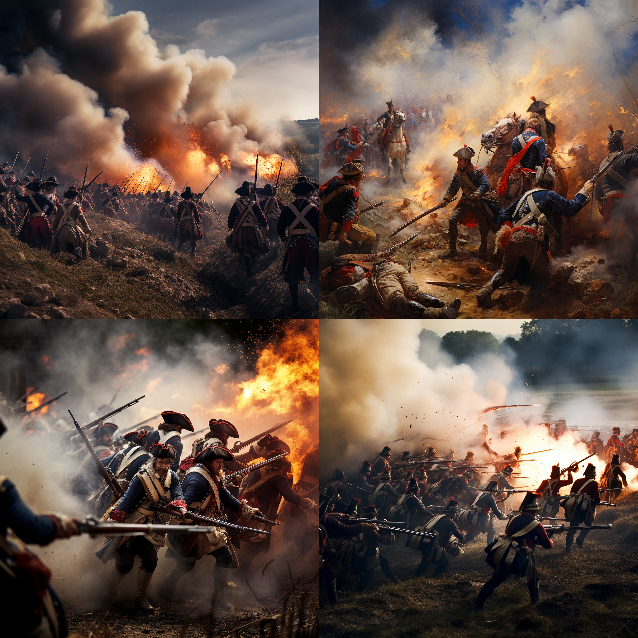 中世纪英法战争，红蓝火枪军齐射，大炮发射，土著酋长参战。远景俯拍，战场上空，明暗对比强烈，广角镜头，烟雾弥漫，高速快门，激烈动作，紧张氛围，壮观景象，震撼人心。