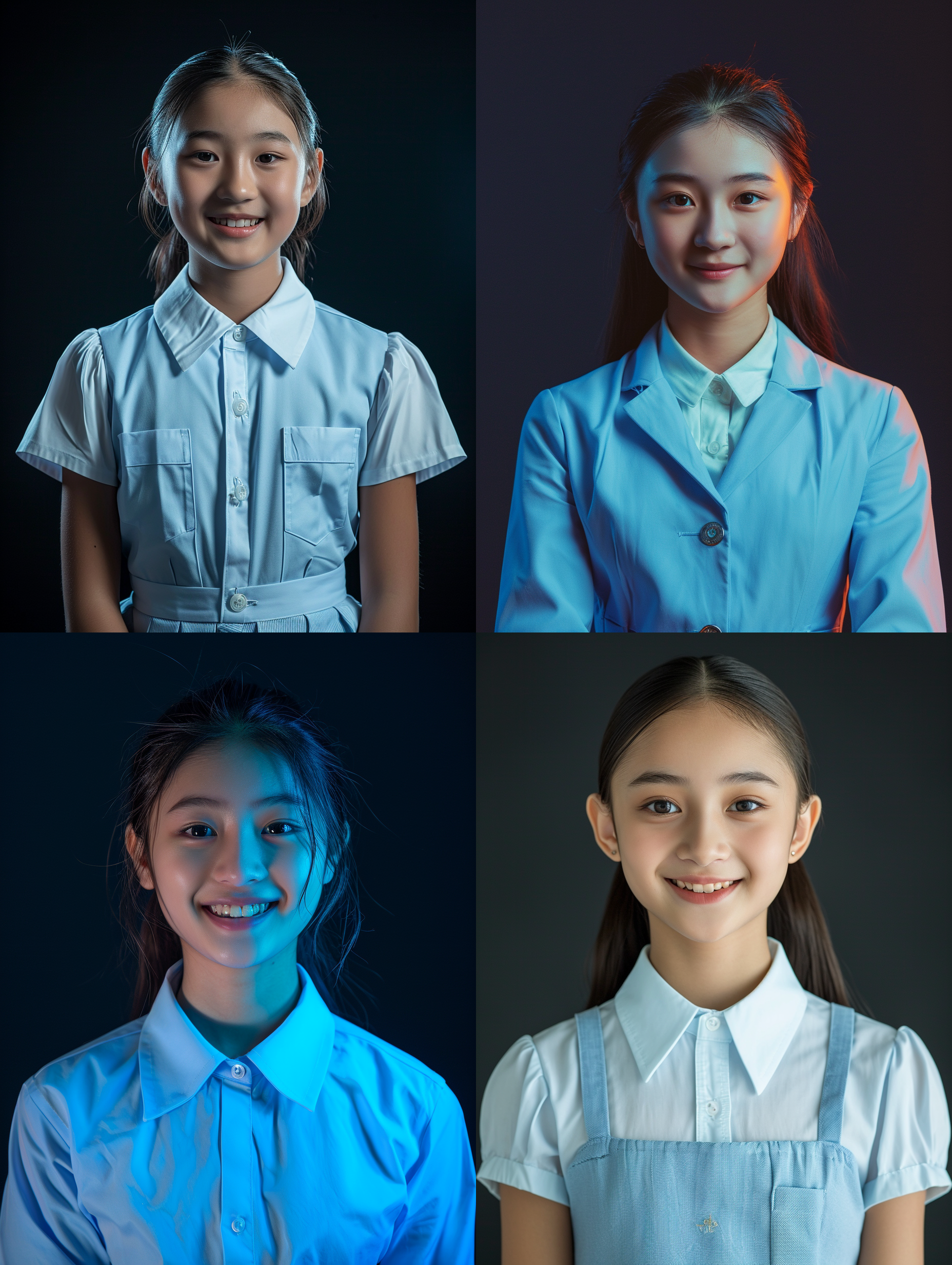 一个微笑的中国15岁漂亮女孩，穿着浅蓝色校服，渐变黑色背景 超现实主义 全身 工作室照明 伦勃朗光 对称构图
