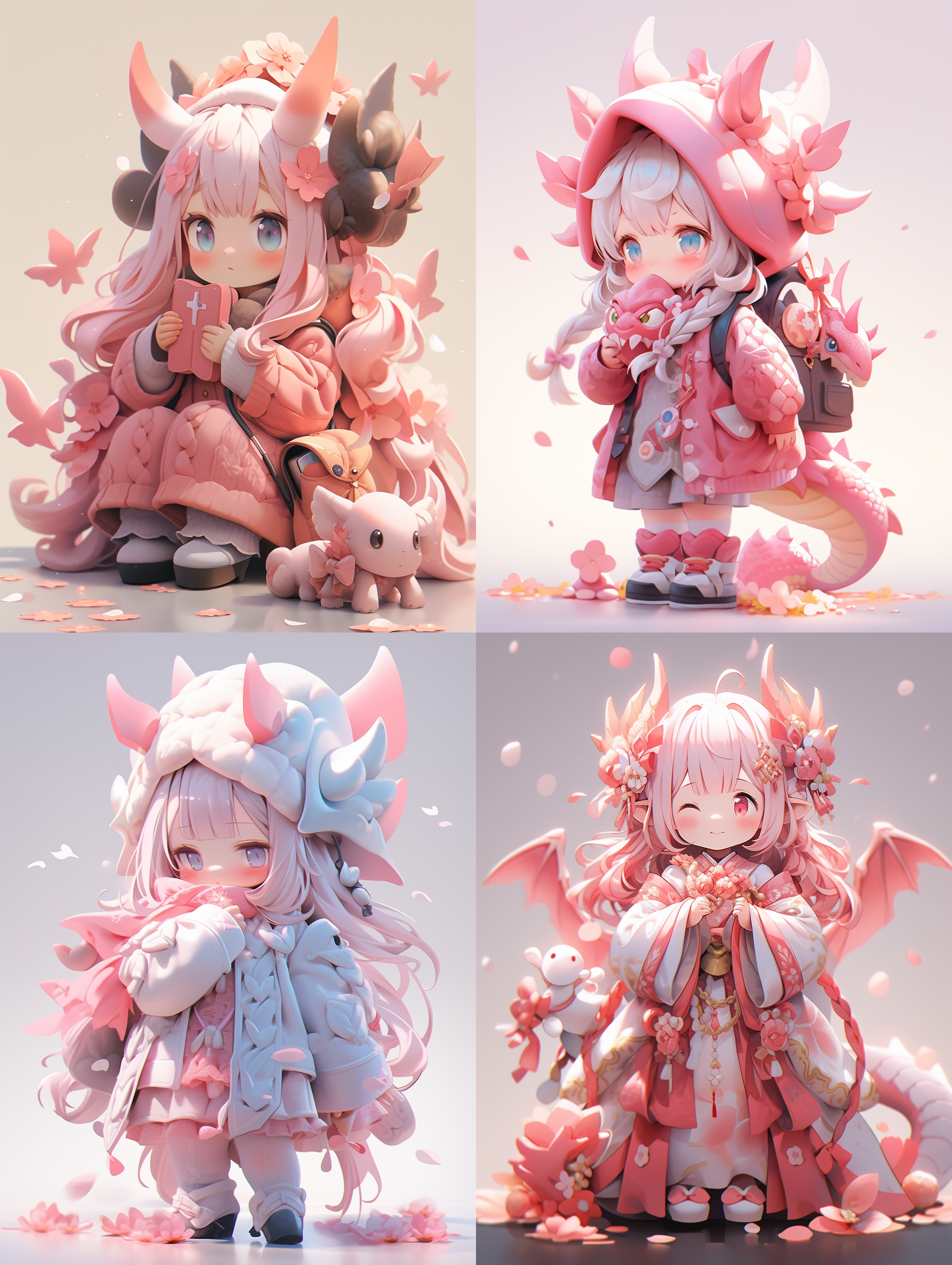 粉色系小龙女盲盒风格，全身展示，细腻表情，干净背景，自然光，超轻粘土制作，q版人物，8k分辨率，高细节3d渲染，c4d和blender软件，oc渲染器，画面超高清晰度。