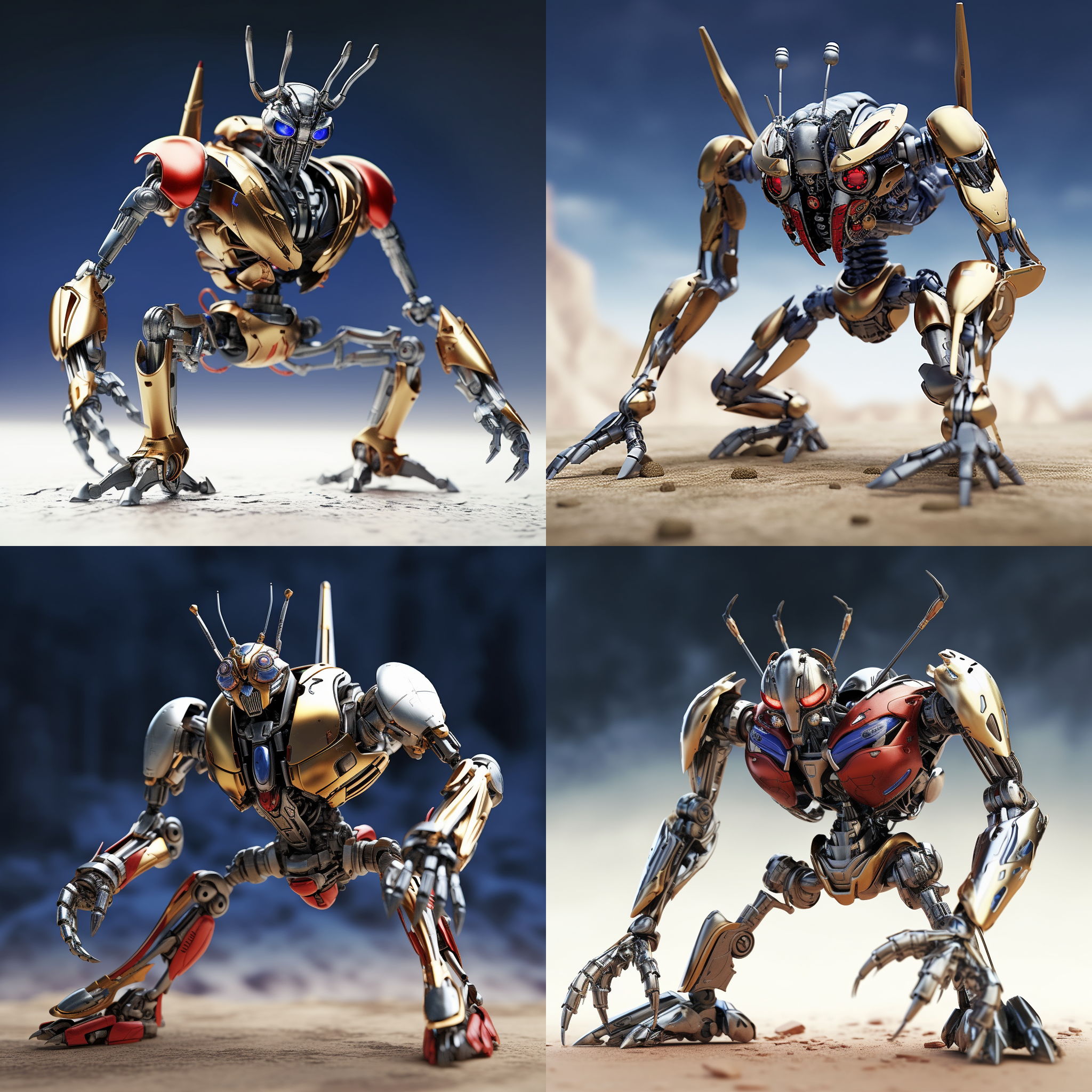图1的蚂蚁，像图2和图3一样变形为机械蚂蚁，身体棱角分明，线条清晰，配色为金色银色配色，高光，细节清晰，电影级画质