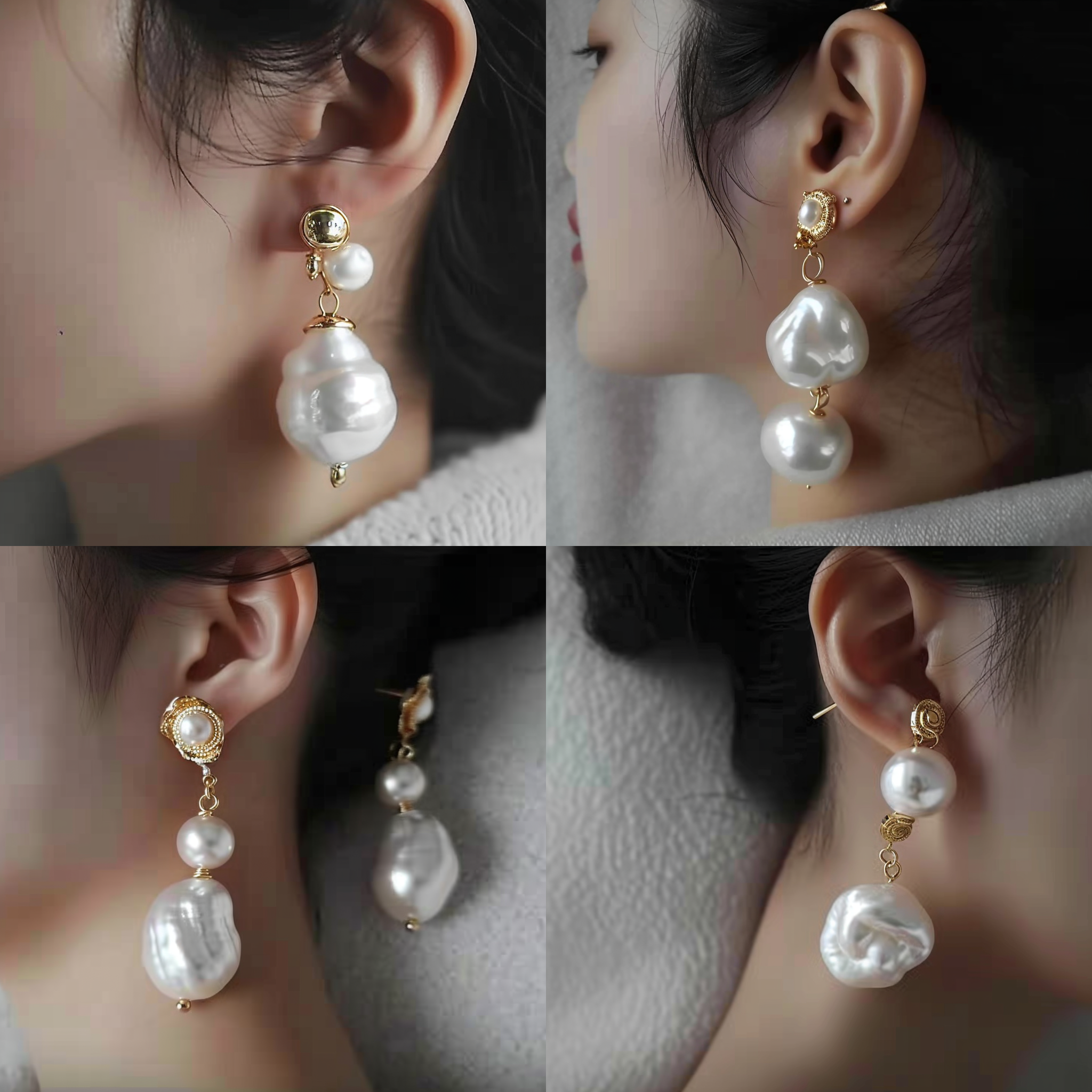 戴珍珠耳环的亚洲美女，镜头聚焦在她的脸部，背景模糊，明星般的氛围。柔和的光线照亮她的侧脸，突出她的特点。黑白摄影，高清晰度，细节丰富，自然表情，优雅。