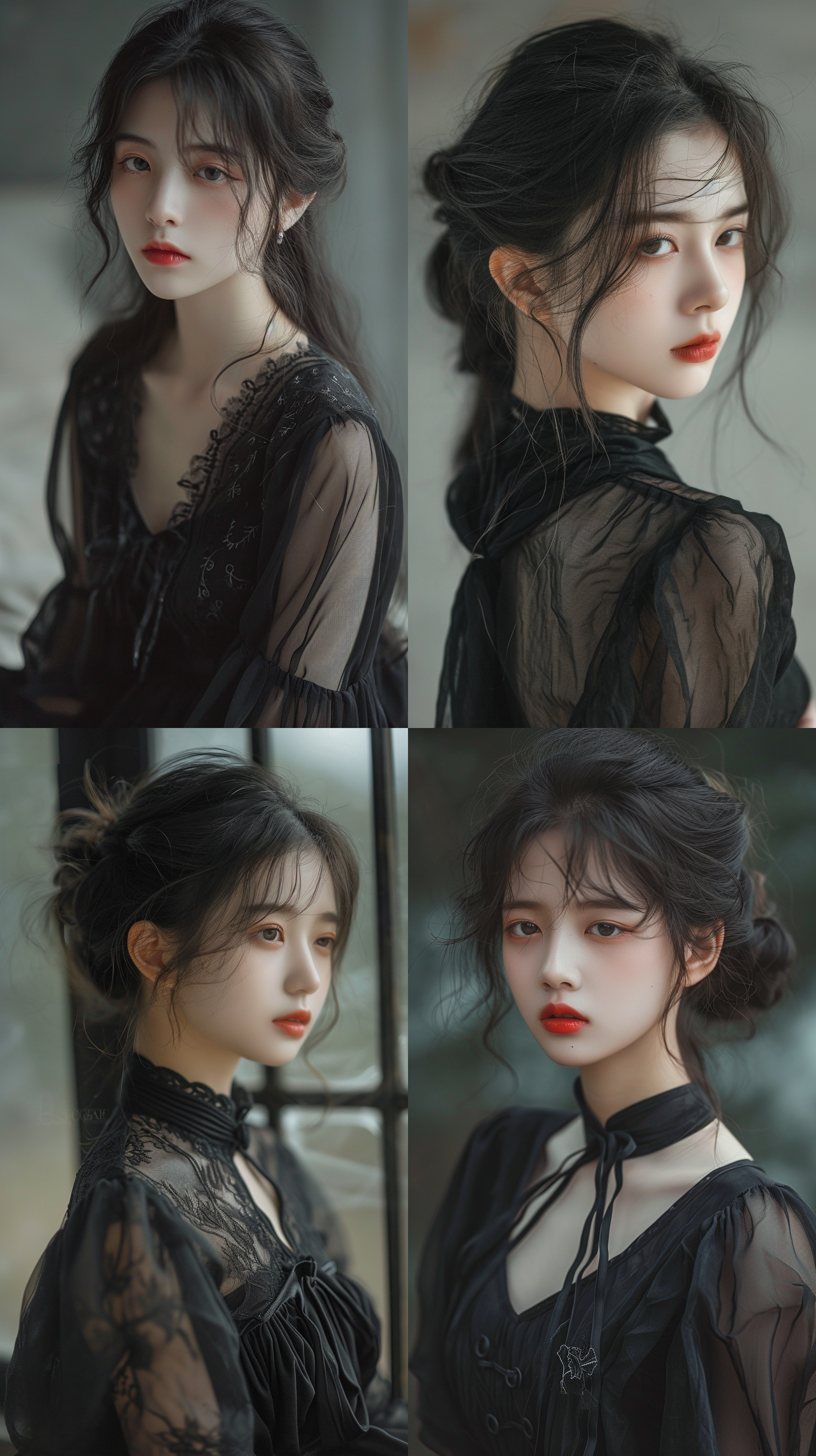 神秘静怡的少女，中国女孩，精致清醒的面容，复古朴素的服装，美到极致，安静，灵动的眼睛，黑色纱衣，慈悲，善良，全身照