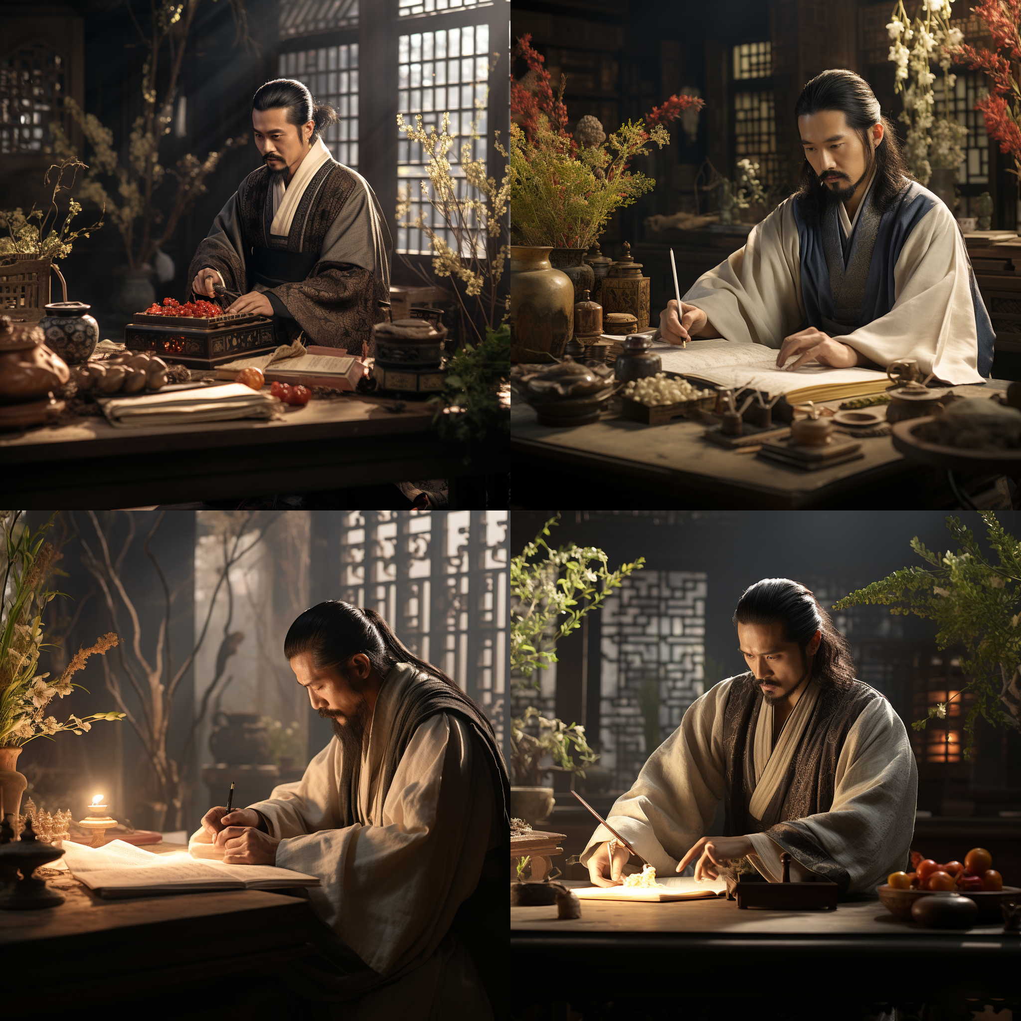 李白穿唐朝衣服，手持毛笔，喝酒写诗，唐代室内环境，丁达尔光，中式格子背景，细腻，电影广角镜头，色彩温暖