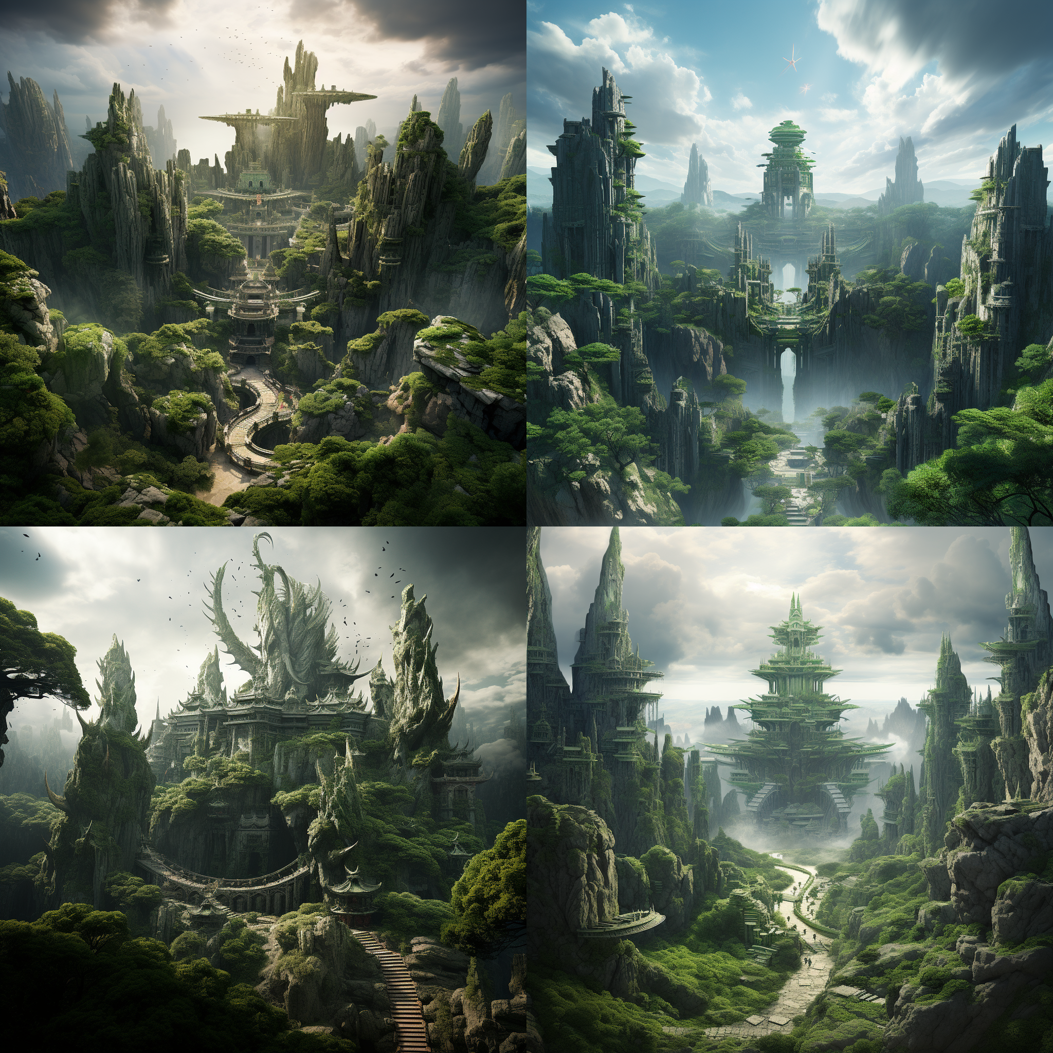 石林中的神庙，巨大雄伟，长翅膀的青蛇盘旋其上。高饱和度，对比强烈，环境壮丽，宏大气势，广角镜头，阳光透过云层照射，神圣感，动态飞行，神秘，奇幻。