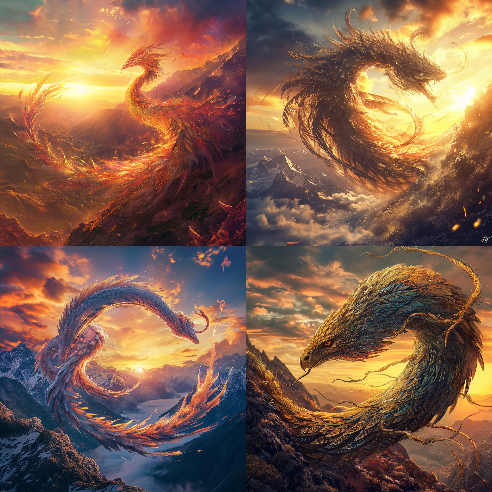 羽蛇神现身，壮丽的山脉背景，日落的天空，魔幻风格，广角镜头，高饱和度，对比强烈，神秘氛围，飞舞的羽毛，动感十足，金色光线，令人惊叹的瞬间。