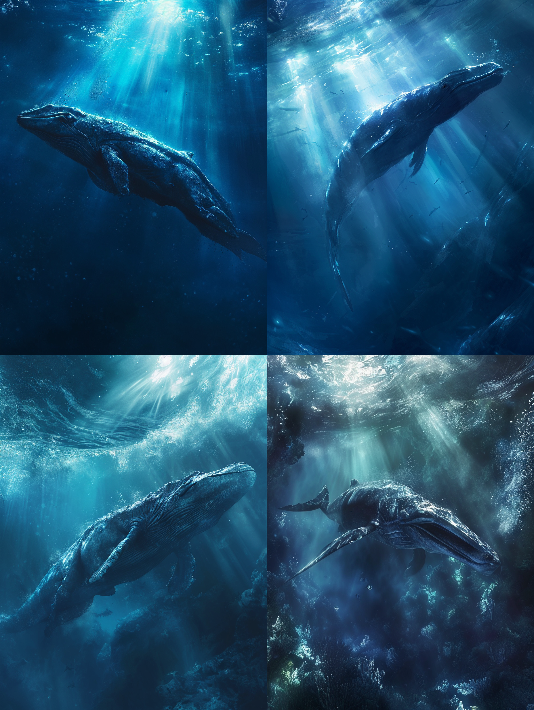 游泳在深海中。 prompt.侏罗纪场景，brachauchenius游泳，水中景色，饱满构图，广角镜头，明亮光线，流动动作，真实细节，巨大体型，深蓝色调，震撼情感。