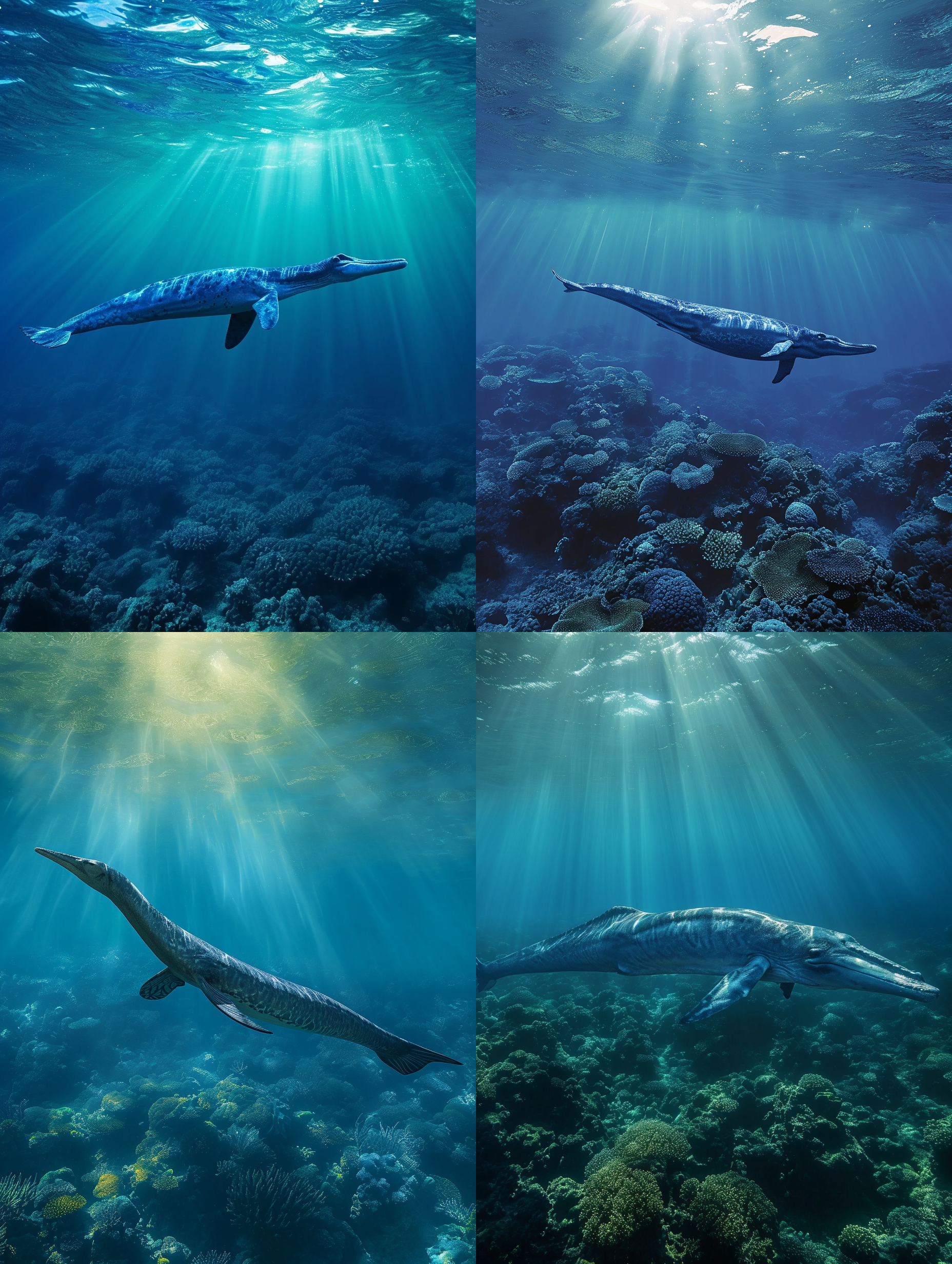 在侏罗纪场景中，ichthyosaur游过珊瑚礁。照片采用广角镜头，展示出大海的广阔和生物的巨大。光线透过水面照射下来，形成柔和的水下光线效果。ichthyosaur在水中优雅地游动，呈现出流畅的动作和令人惊叹的力量感。蓝色和绿色的色调衬托出海洋的清澈和生机，让人感受到侏罗纪时代的神秘与震撼。