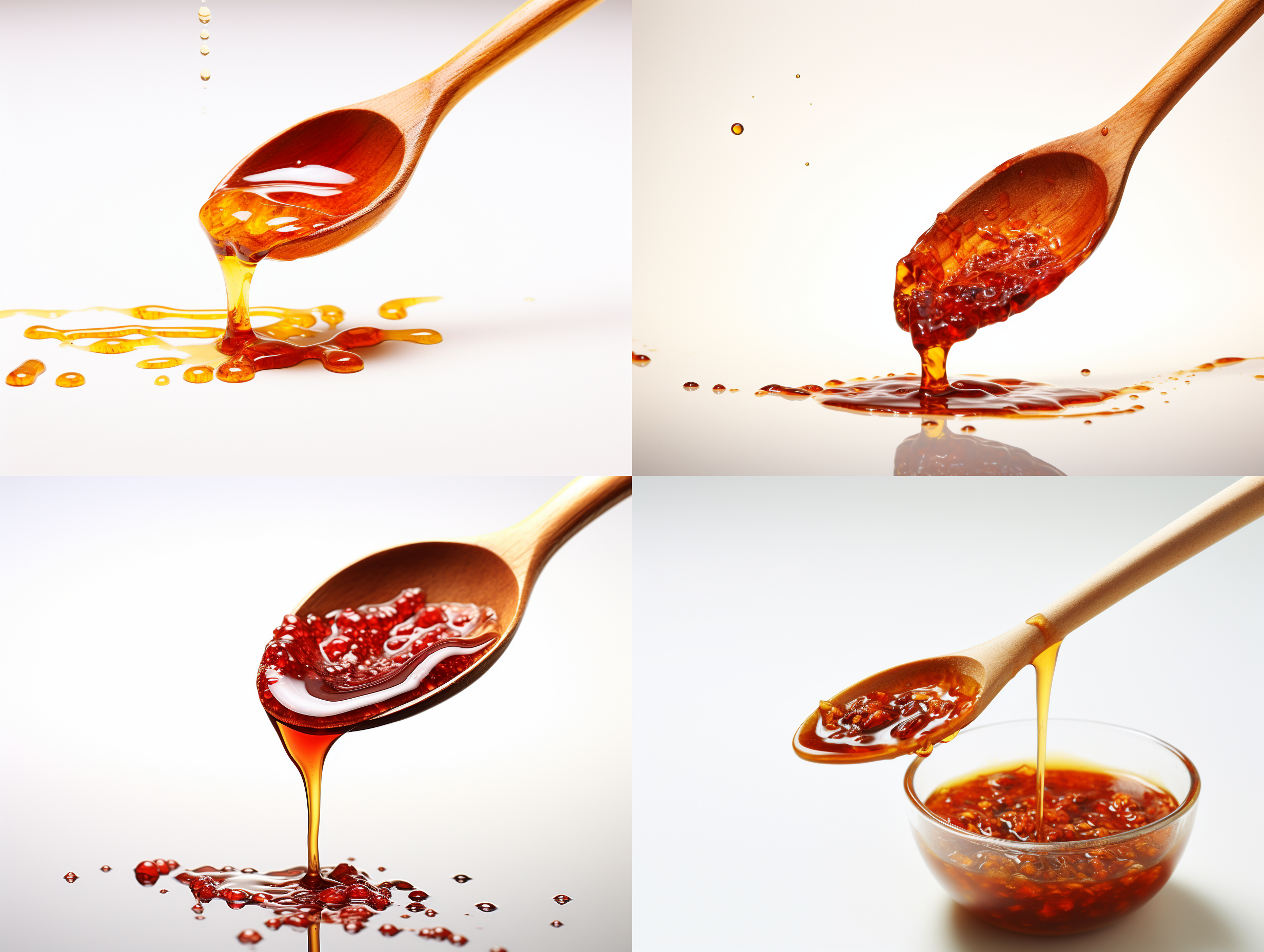 木头材质的勺子，舀起的辣椒油，流出来，白色背景，细节清晰，浅景深，自然光，顶光，滴落动作，纹理，暖色调，温馨。