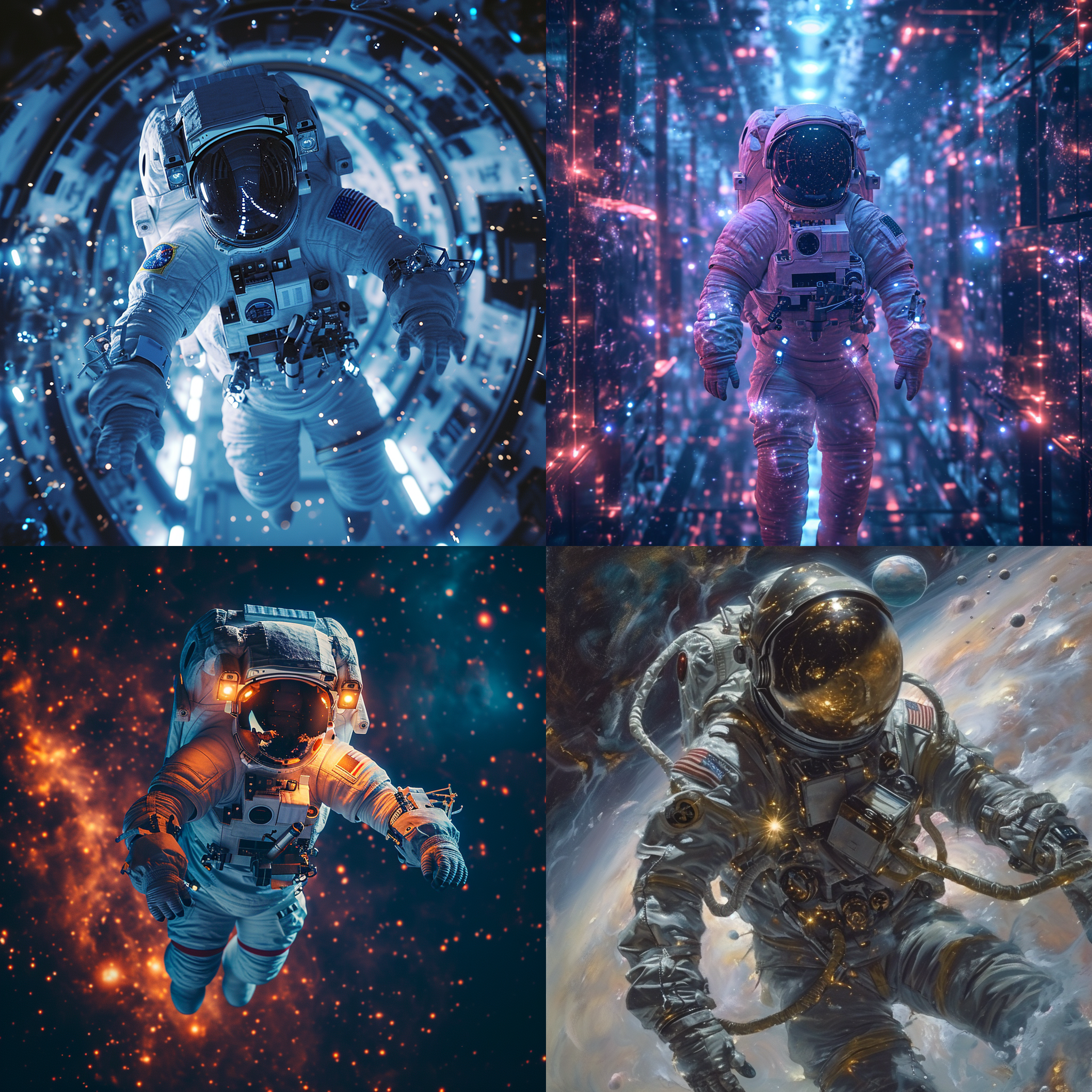 太空中，宇航员在操作，室内灯光，反光，星球，星云，广角镜头，高对比度，细节丰富，动作流畅，科幻感，色彩鲜明，神秘感，令人惊叹。