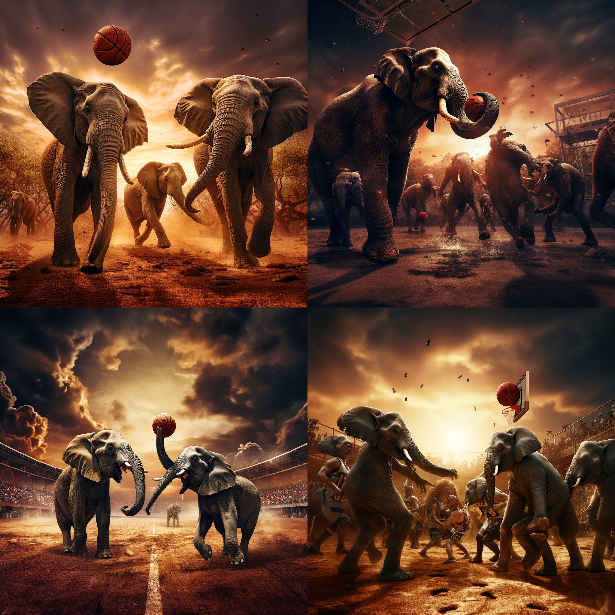 大象打篮球，足球场上，夕阳下，广角镜头，对角线布局，高饱和度，动态模糊，强烈对比，激情四溢，壮观景象。