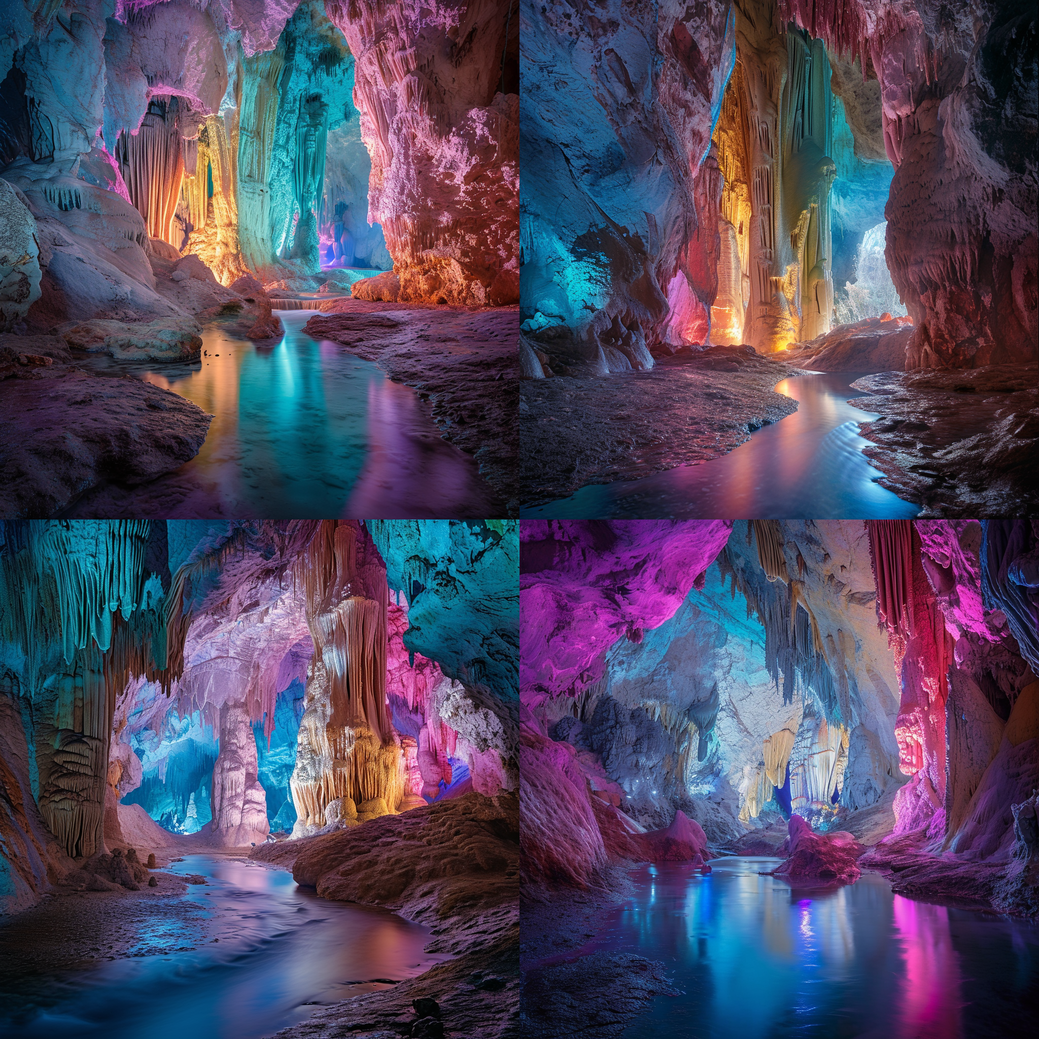 溶洞内部，五颜六色的灯光，震撼的场景，迷人的构图，宽广的视角，长时间曝光，流动的水帘，色彩丰富的石钟乳，神秘的暗影，魔幻的氛围，令人惊叹的景象，探险的勇气，融入大自然的感觉。