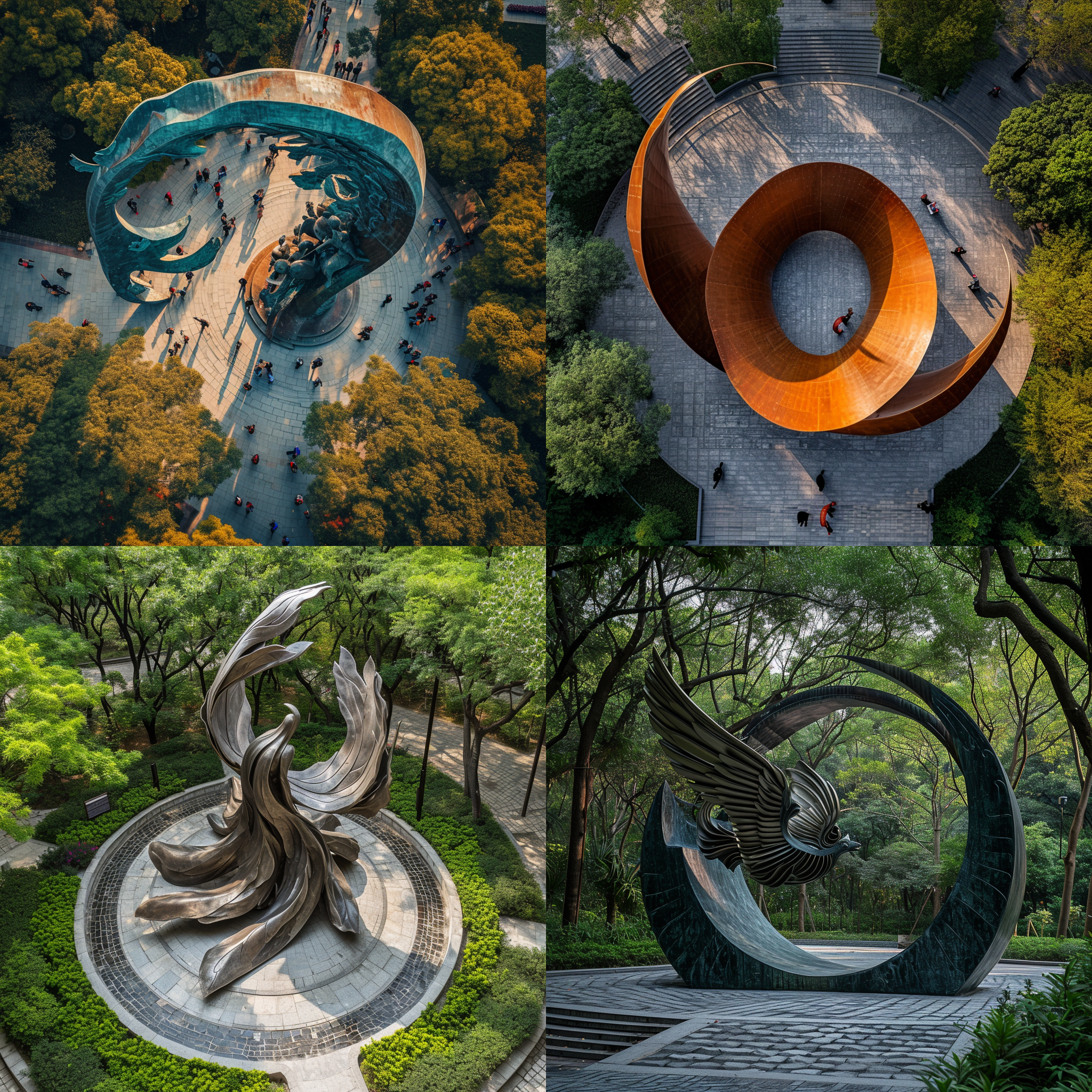 孝字雕塑，公园广场入口，半鸟瞰视角，仙女飘带，纹理丰富，明亮色调，强对比，大光圈，长焦镜头，平衡感，庄重肃穆。