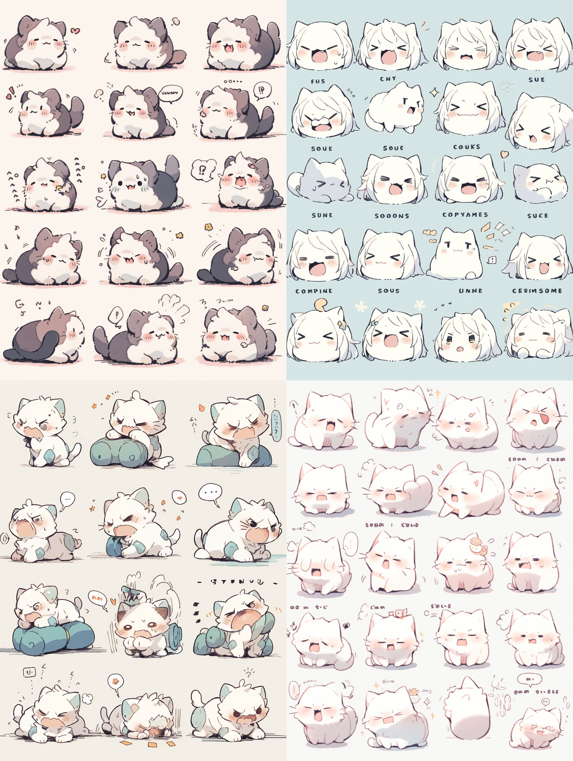 the various expressions of the kitty,angry,happy,angry,coquettishexpressing love, etc, as an illustration set, with boldcomic lines, cute style, stick fiqure style, dynamic pose, white background, group, related personality, old memekernel, chalk