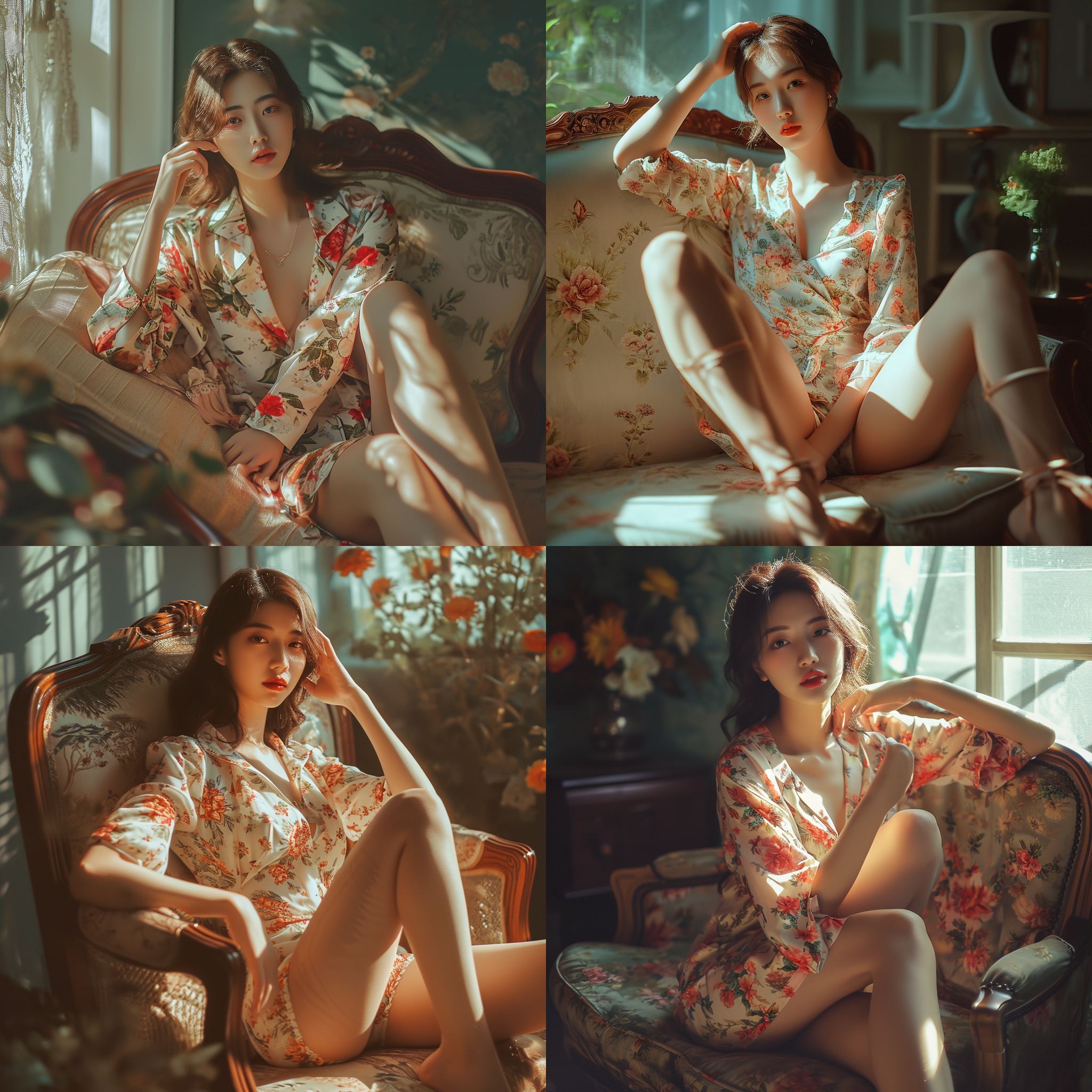 8k画质，中国美女,全身照，家居碎花睡衣，坐在沙发上，五官端正，长腿少女，阳光，身材苗条，丝袜，高跟鞋，专业人物摄影，色彩饱和，颜色丰富，