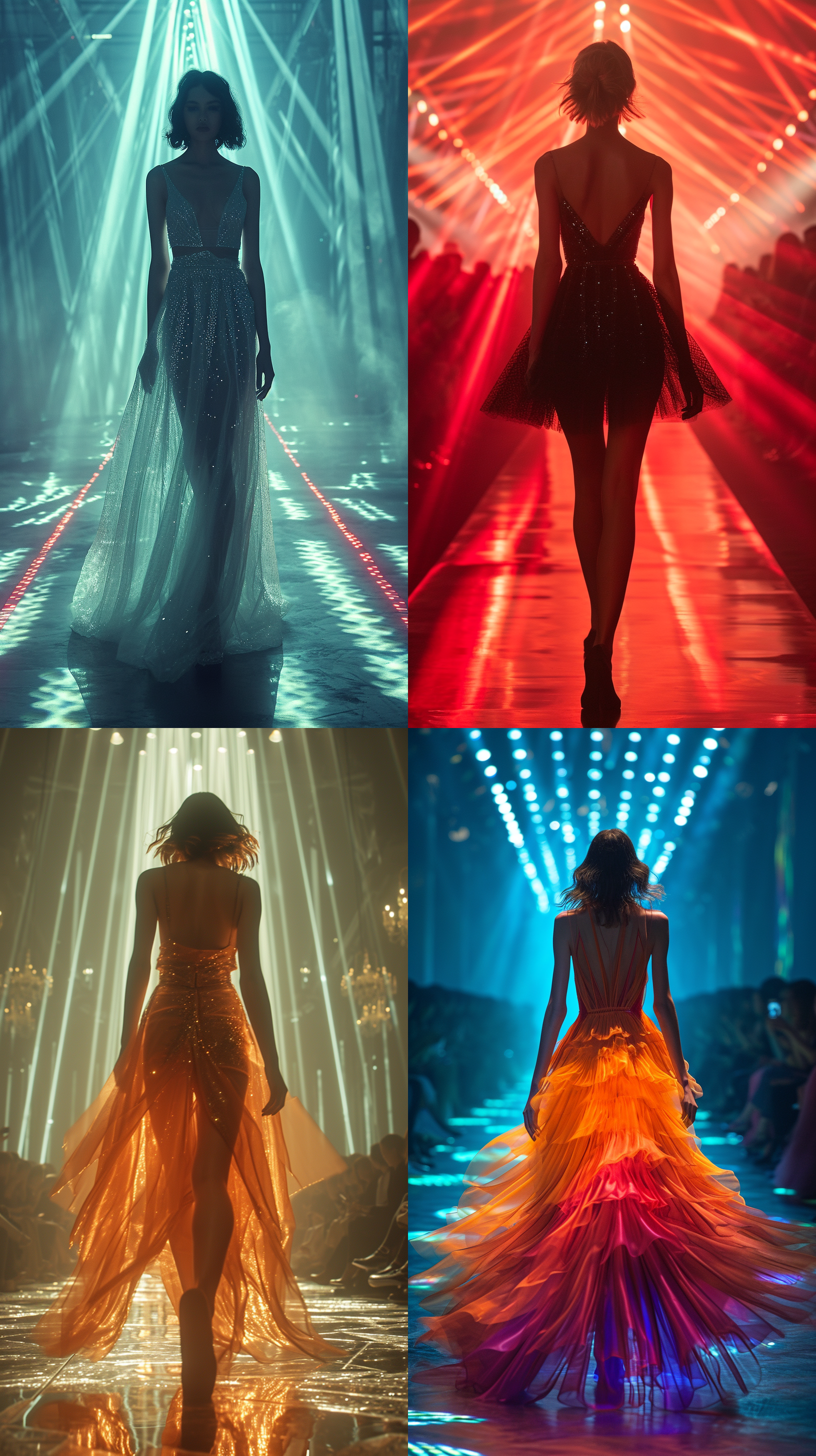 中心是一位模特，身着流线型连衣裙，走在t台上。背景为灯光闪烁的舞台，营造出高能量的氛围。摄影风格时尚前卫，使用广角镜头捕捉动态的姿势和服装细节。强烈的对比度和明亮的灯光突出模特的身影，给人一种现代感和力量感。闪光灯和快门速度使得模特的动作凝固，呈现出优雅而动感的走秀场景。时尚，未来感，动感，高能量，流线型，广角镜头，明亮灯光，动态姿势。 全身 虚化 高调照明 角色设计 时尚情绪版 裙子 高级定制